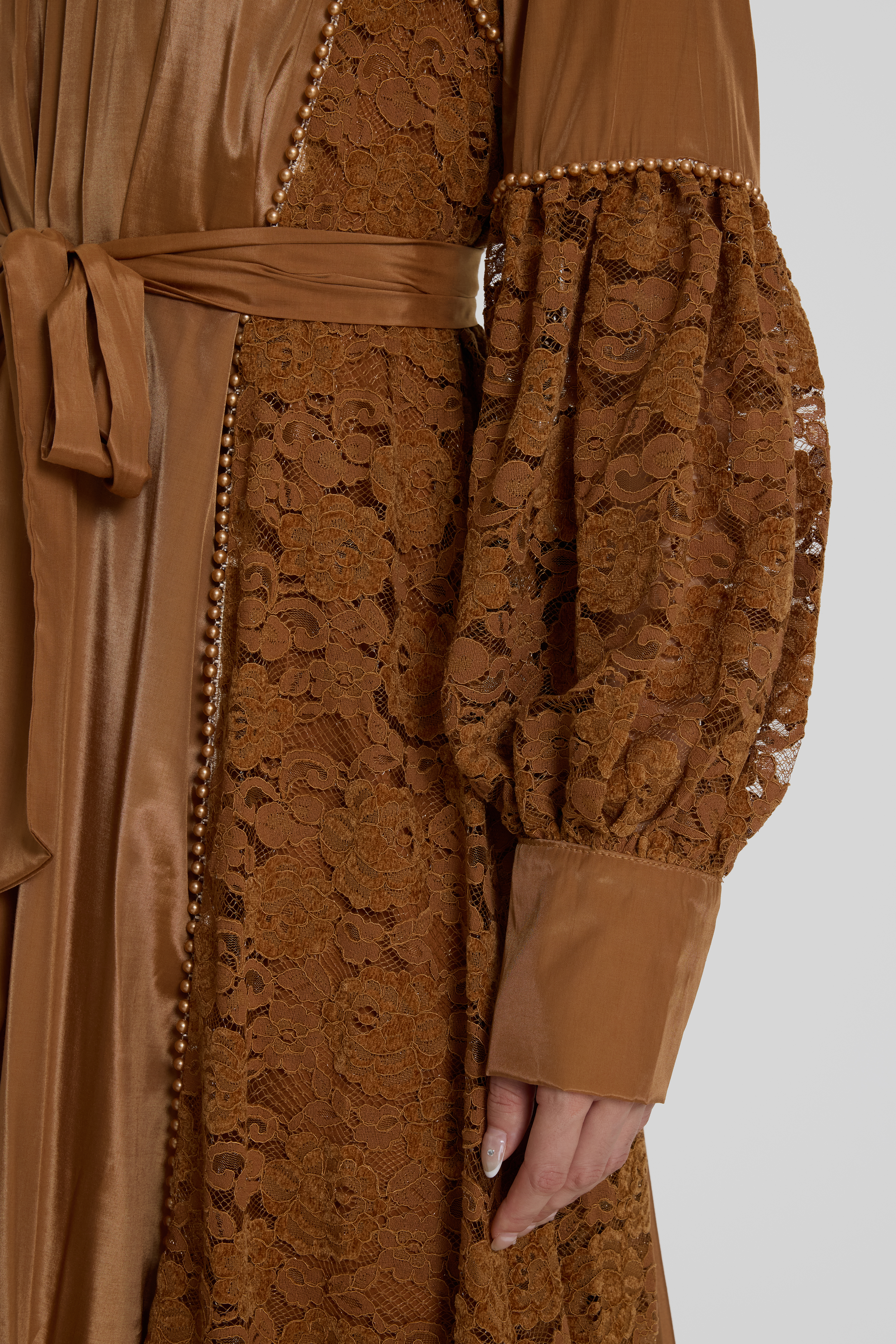 Faux Pearl Lace Lantern Sleeve Midi Dress