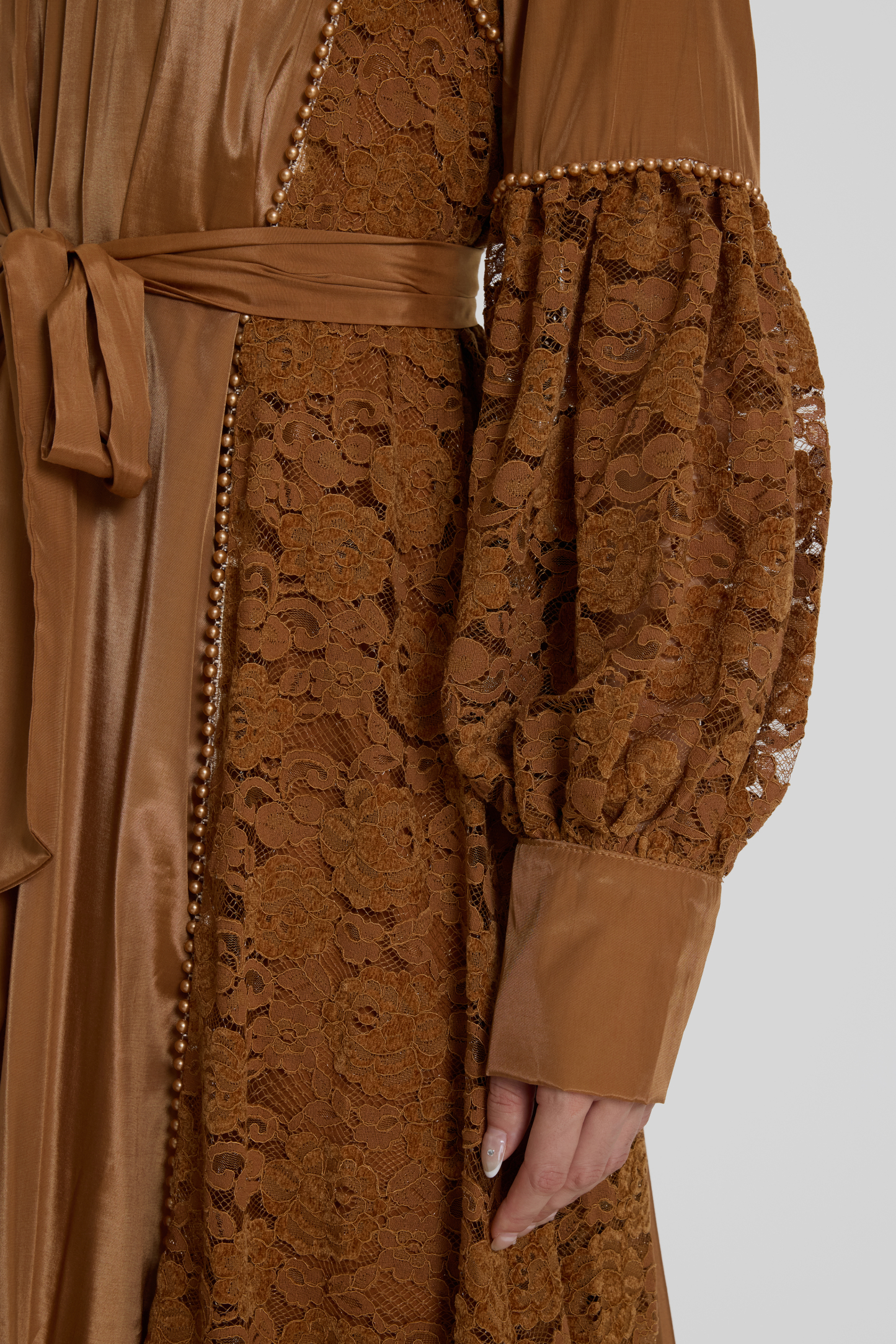 Faux Pearl Lace Lantern Sleeve Midi Dress