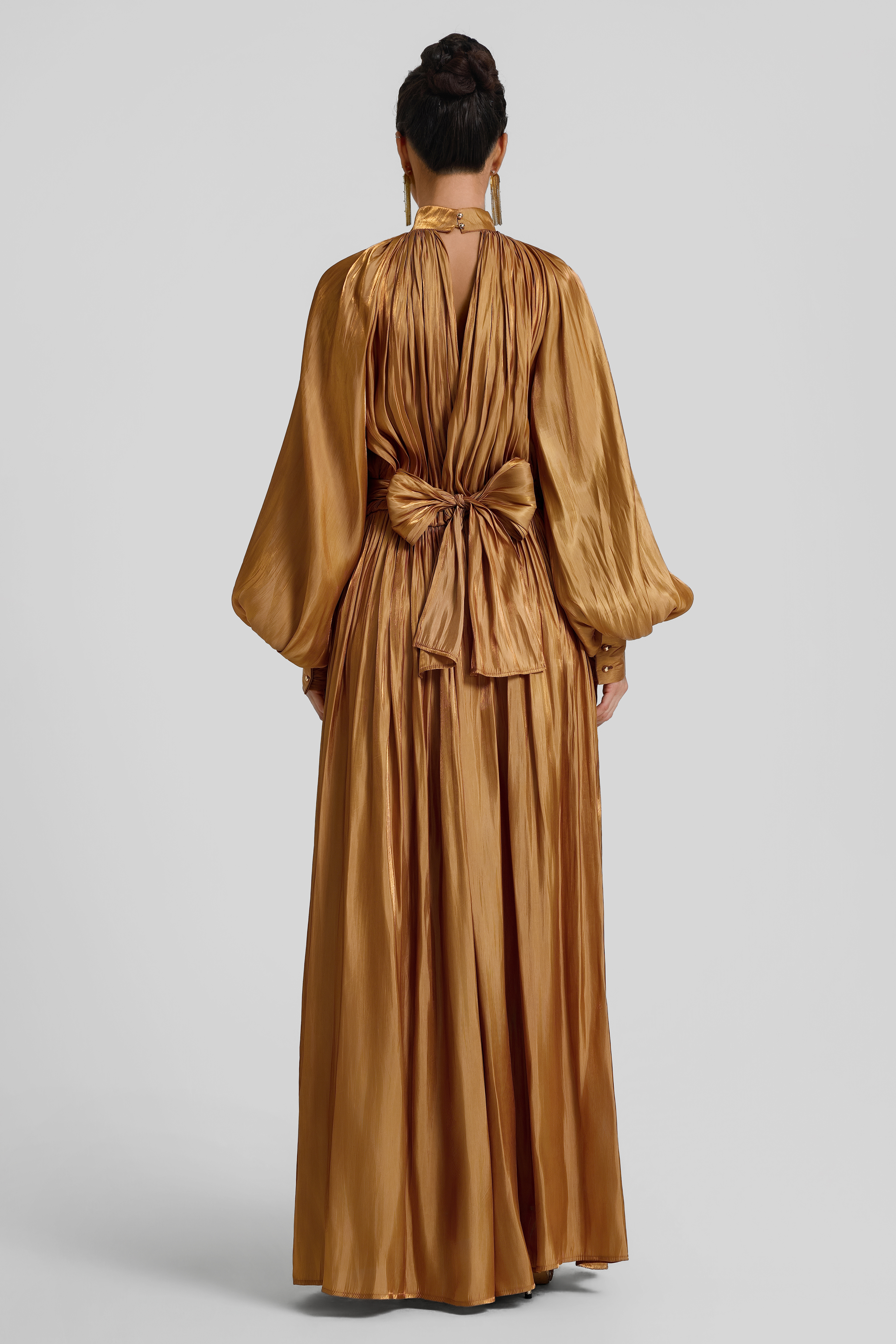 Gathering Lace-Up Lantern Sleeve Maxi Dress