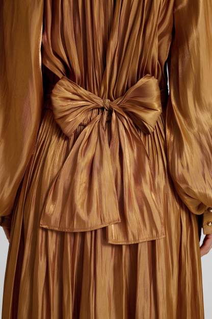 Gathering Lace-Up Lantern Sleeve Maxi Dress