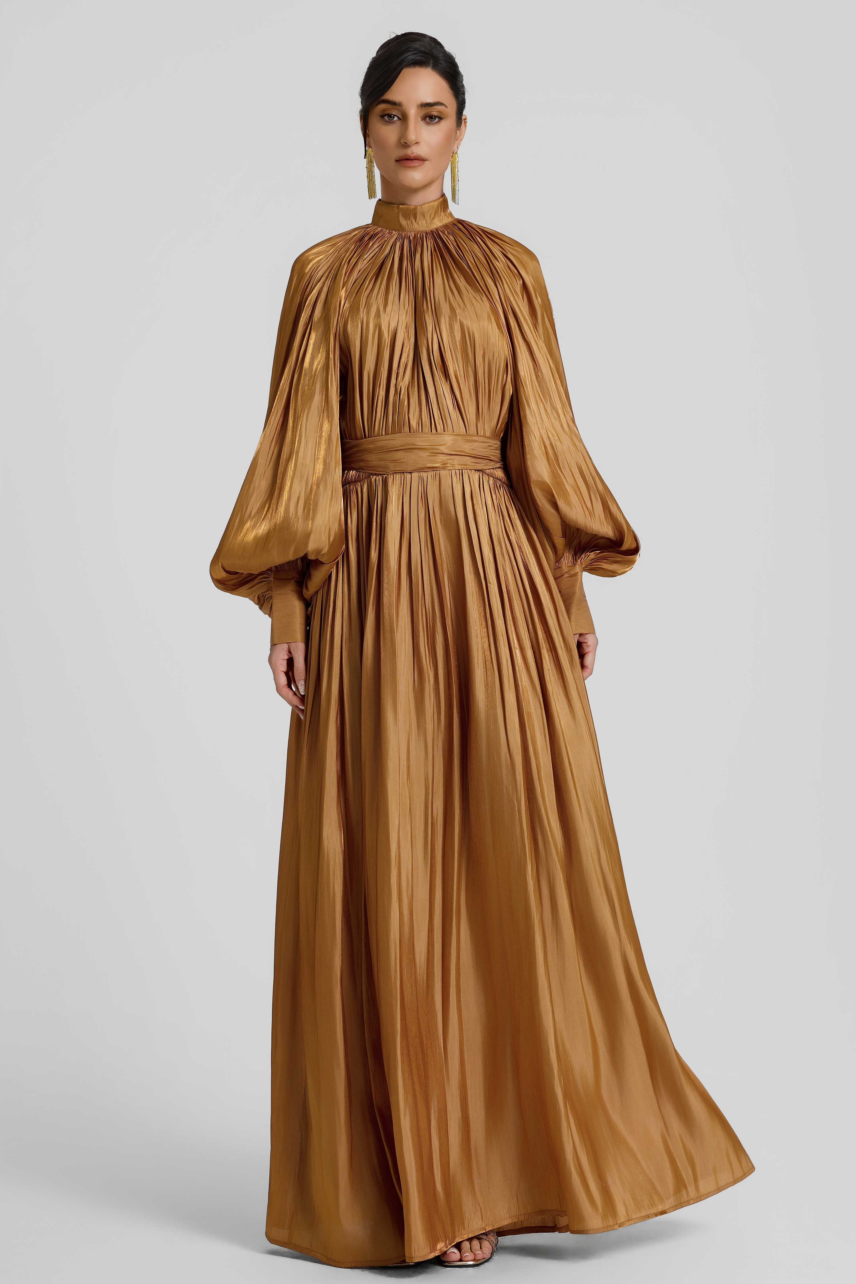 Gathering Lace-Up Lantern Sleeve Maxi Dress