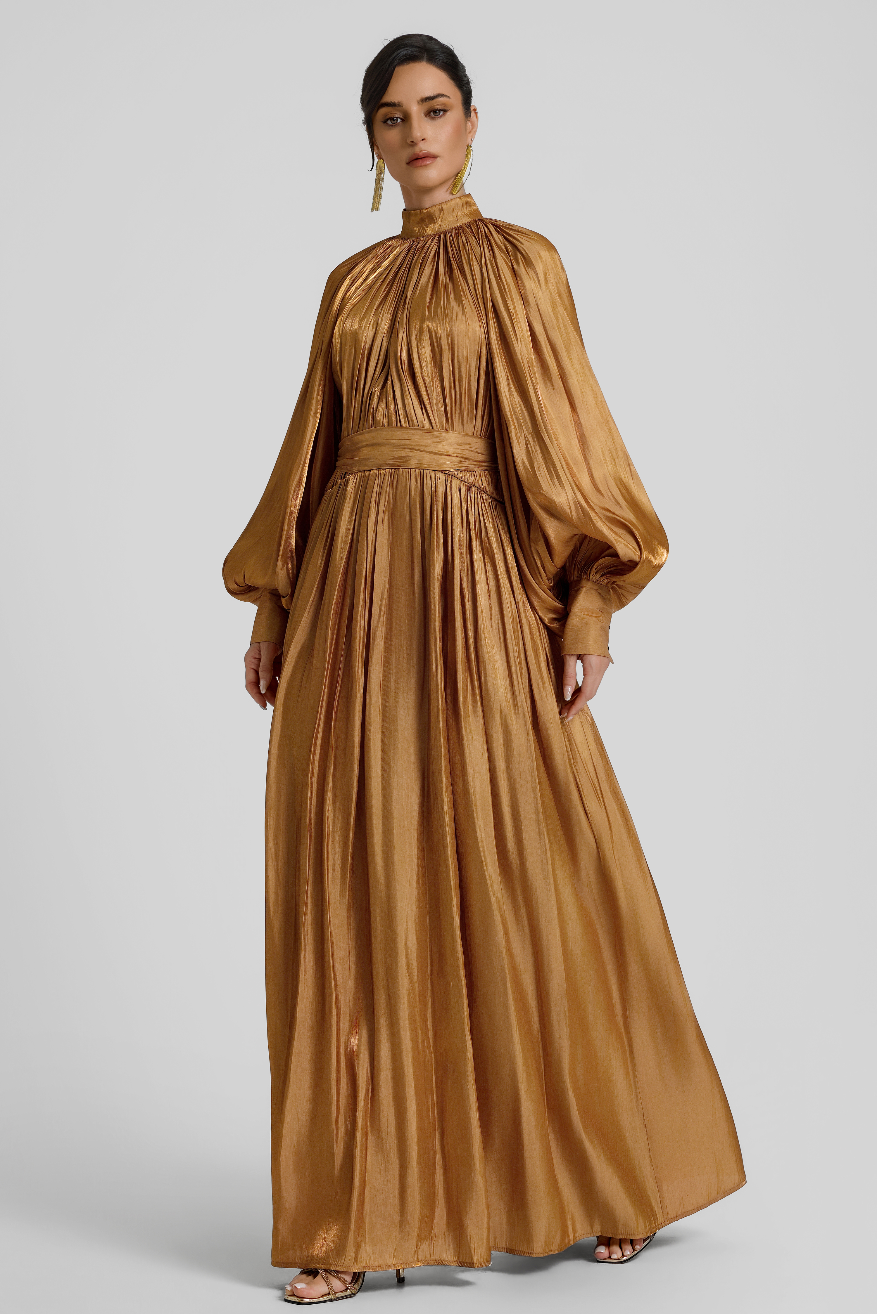 Gathering Lace-Up Lantern Sleeve Maxi Dress