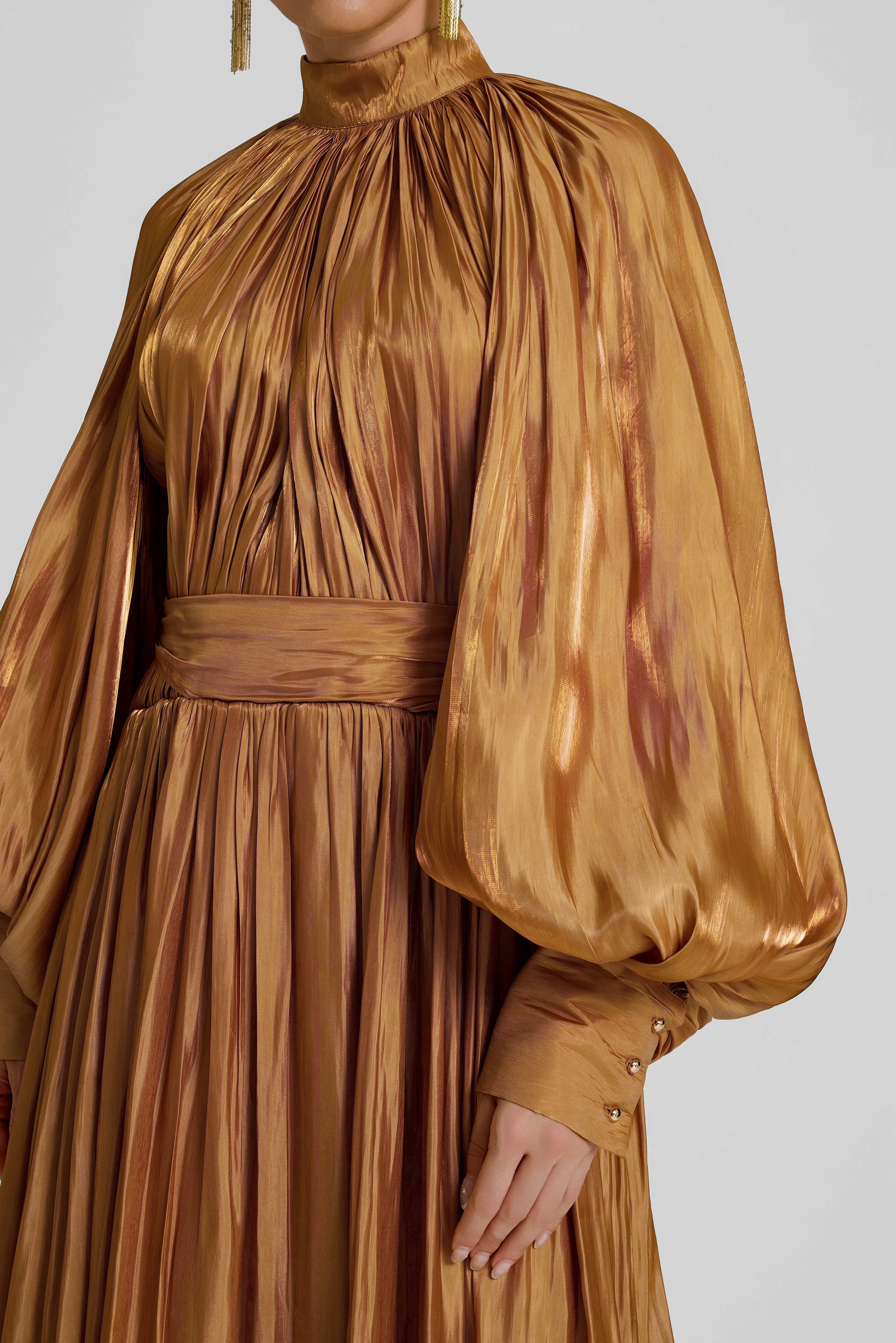 Gathering Lace-Up Lantern Sleeve Maxi Dress