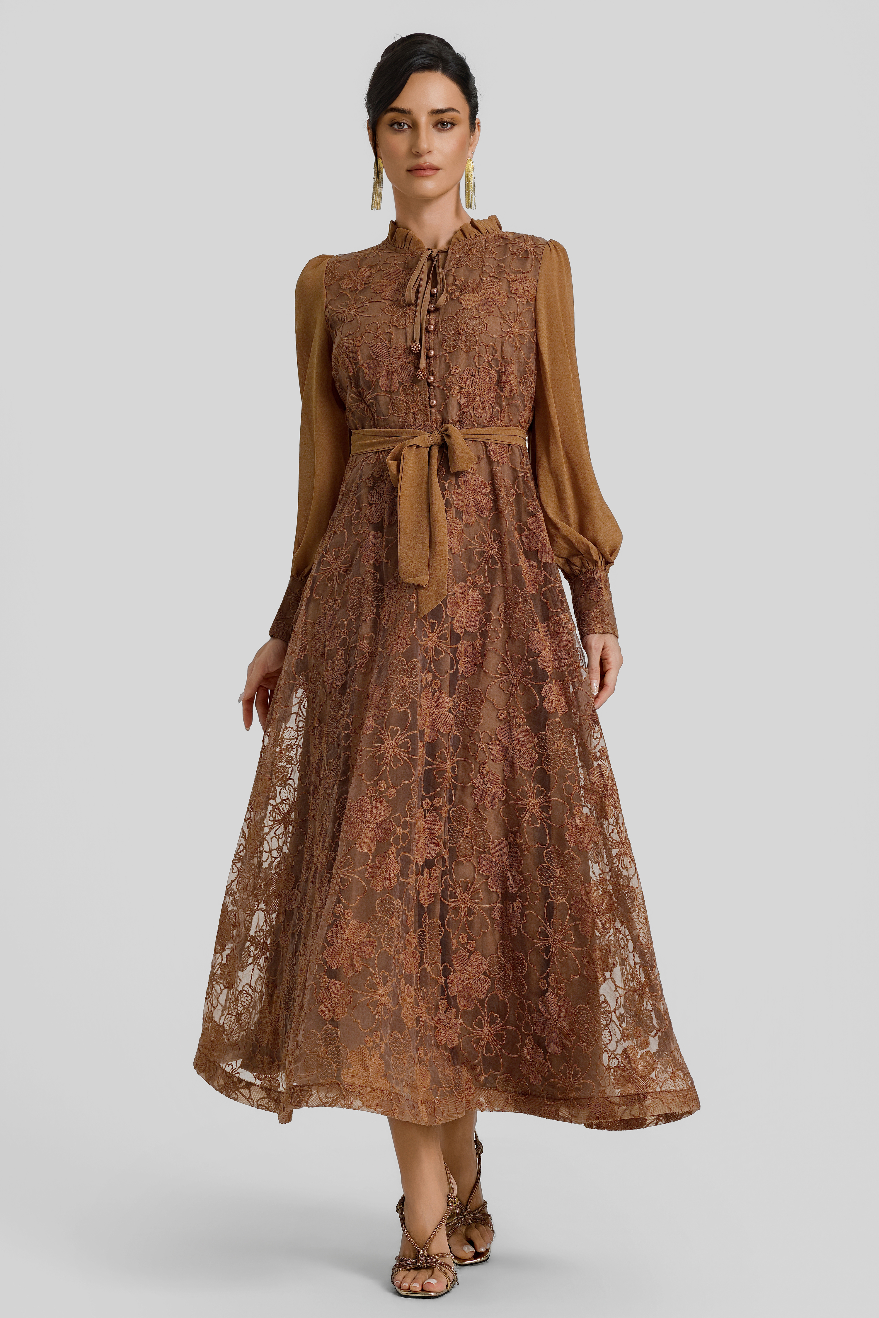 Lace Button Lantern Sleeve Maxi Dress