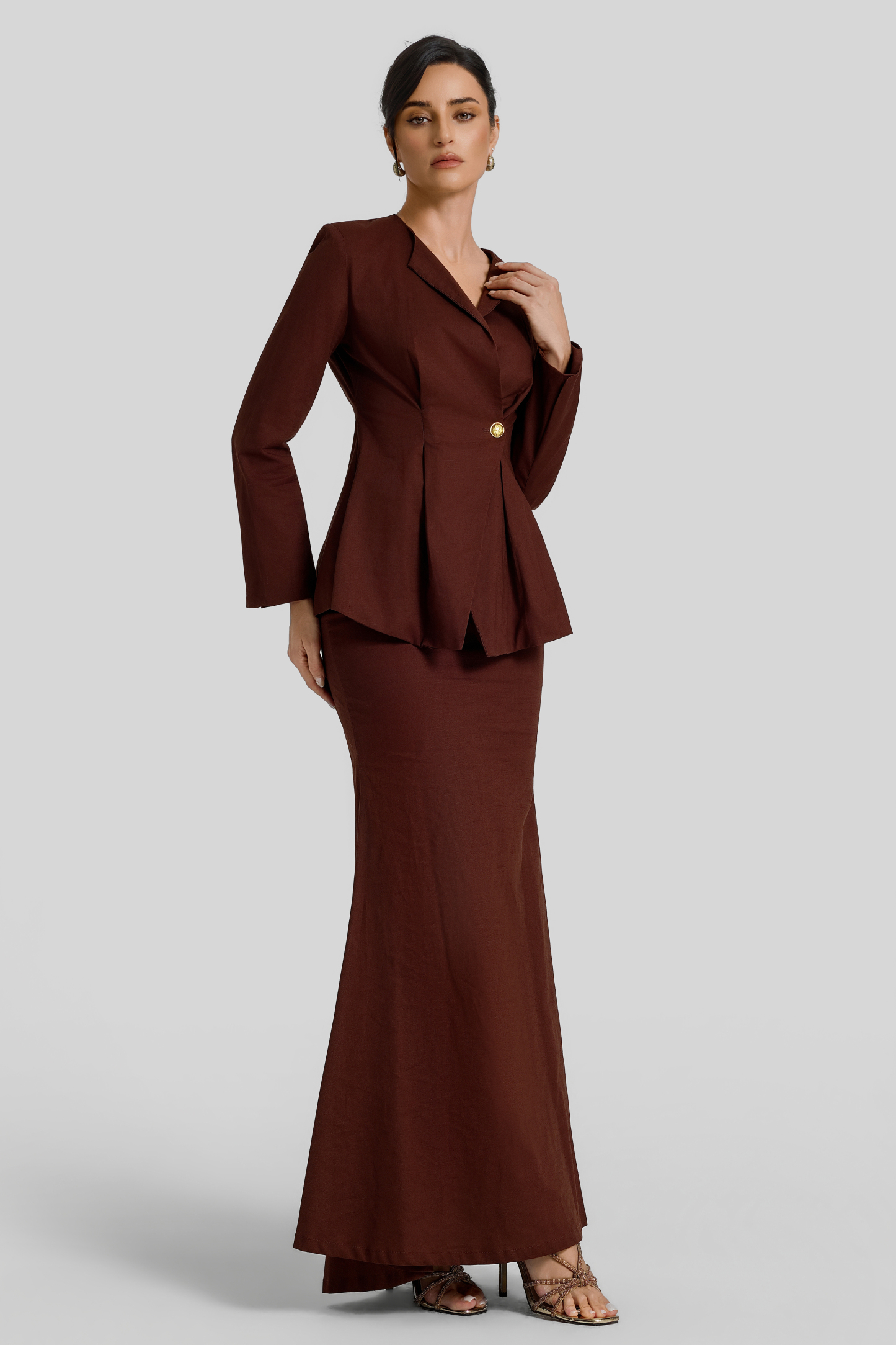 Pleated Long Sleeve Top & High Waist Maxi Skirt Set