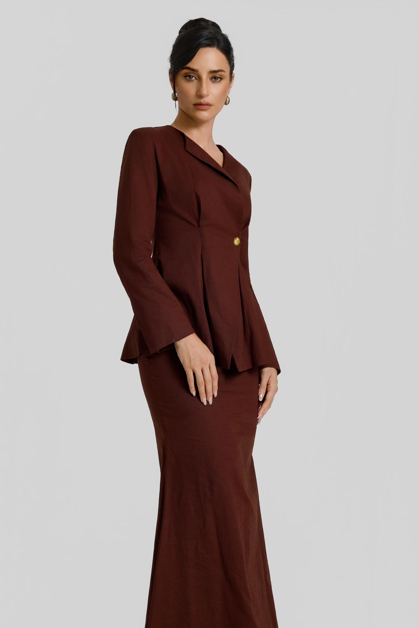 Pleated Long Sleeve Top & High Waist Maxi Skirt Set