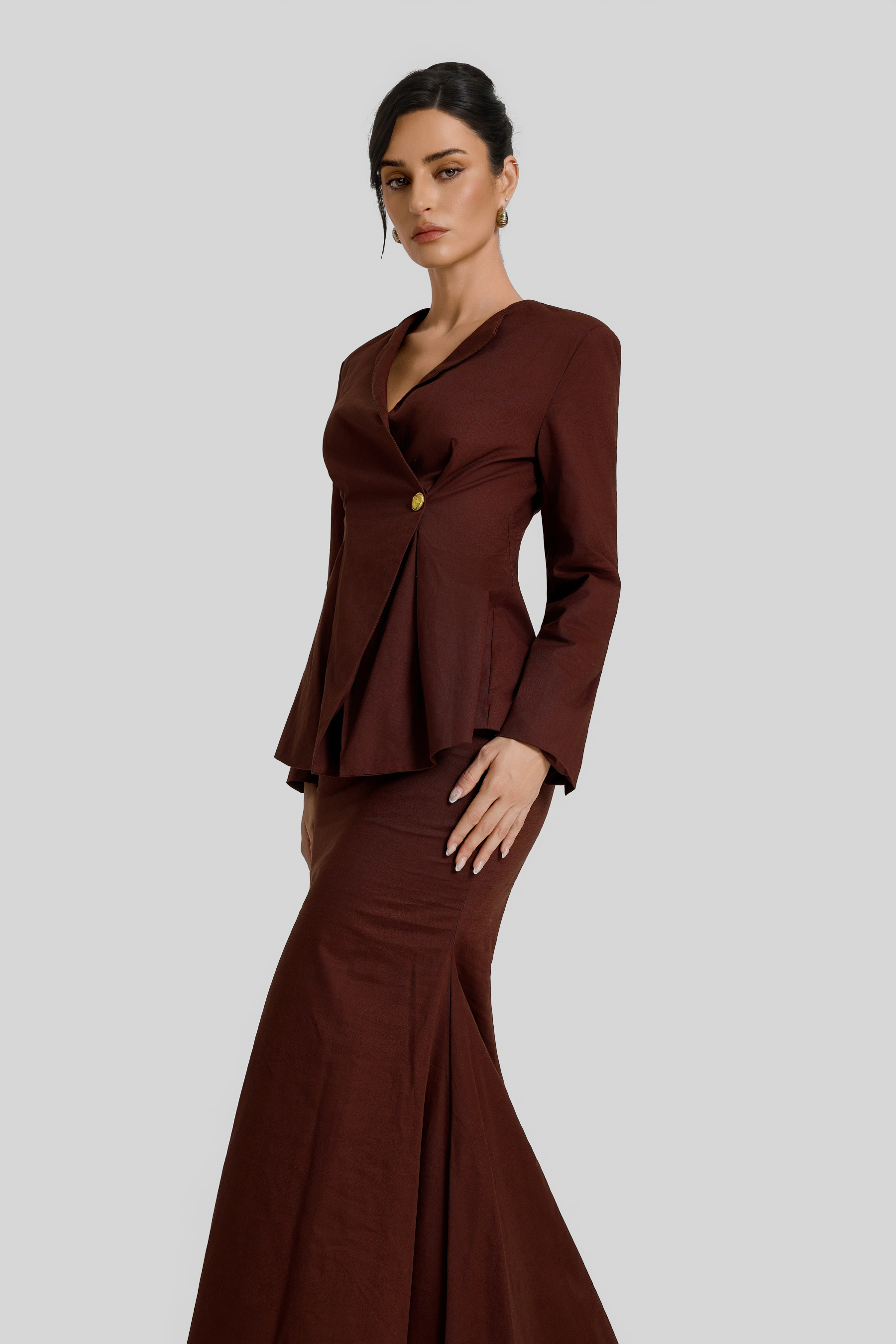 Pleated Long Sleeve Top & High Waist Maxi Skirt Set