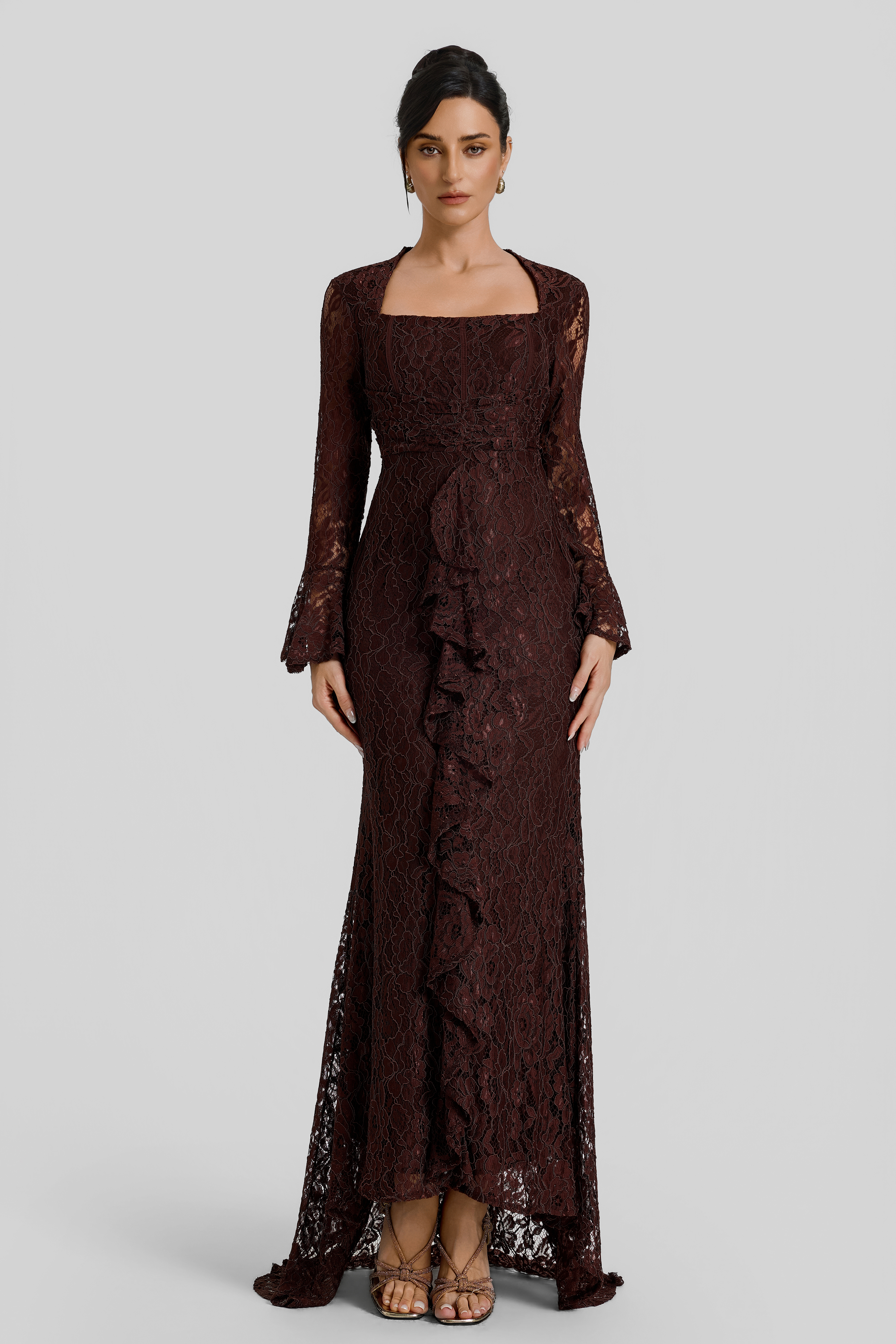 Lace Square Collar Bell Sleeve Maxi Dress