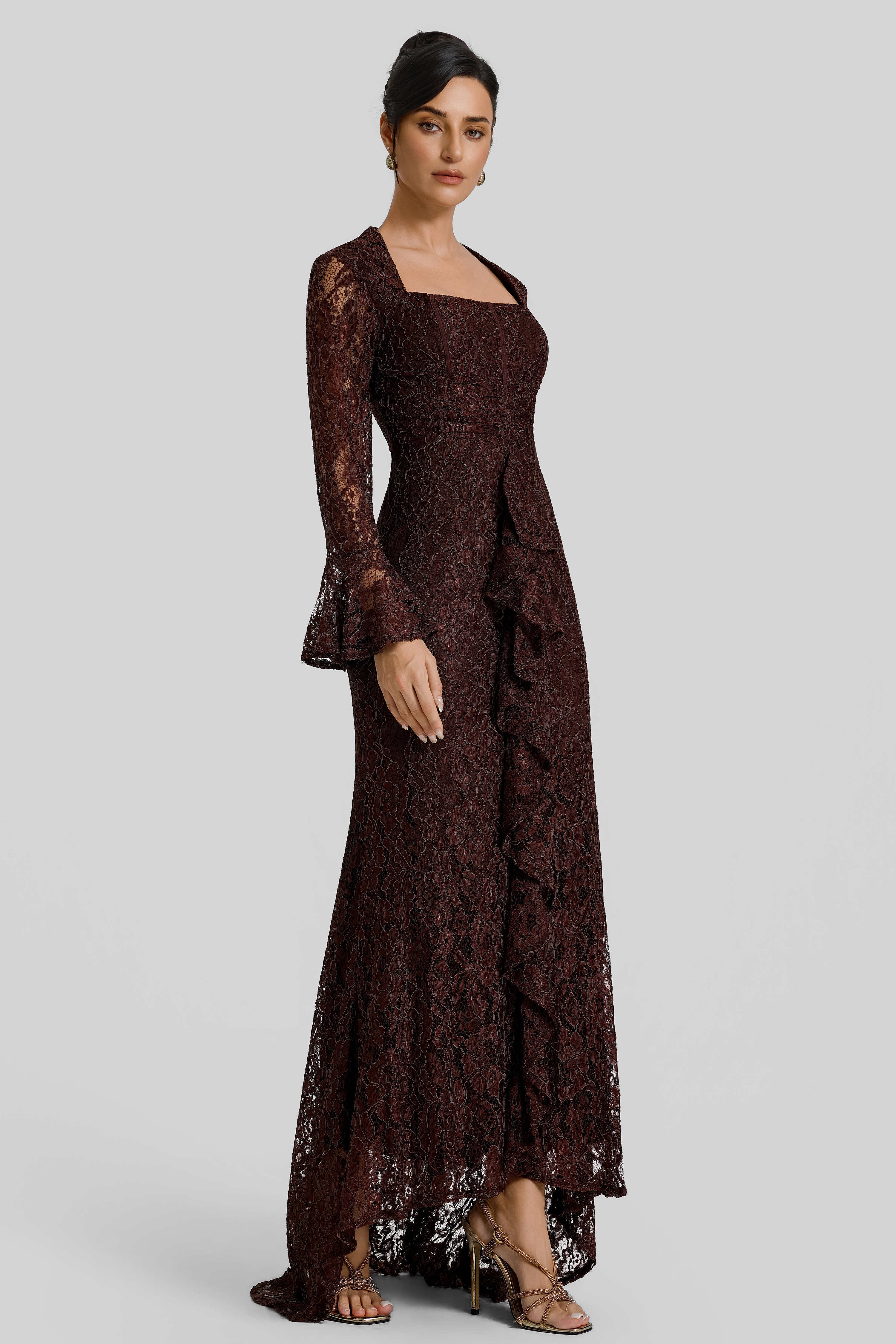 Lace Square Collar Bell Sleeve Maxi Dress