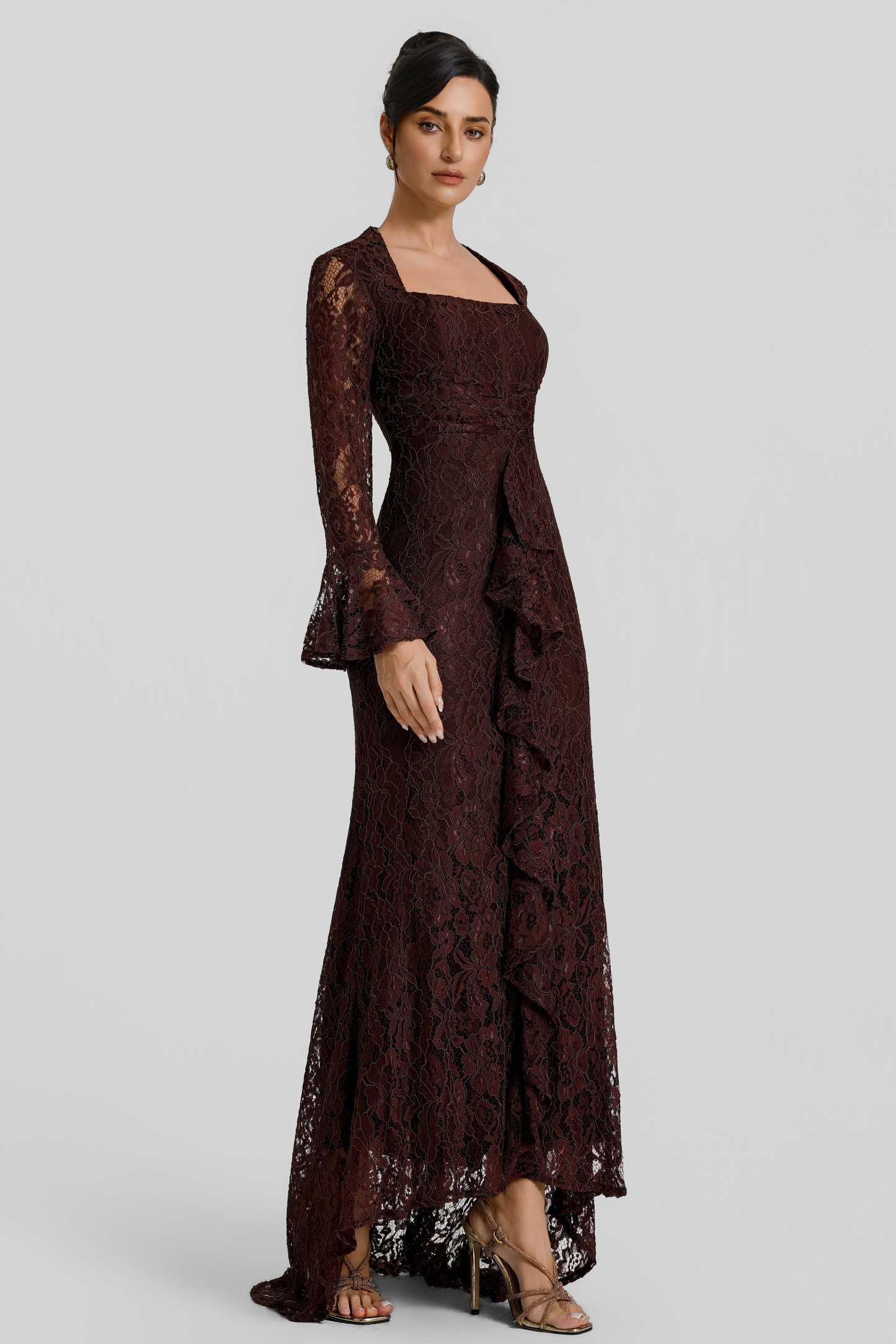 Lace Square Collar Bell Sleeve Maxi Dress