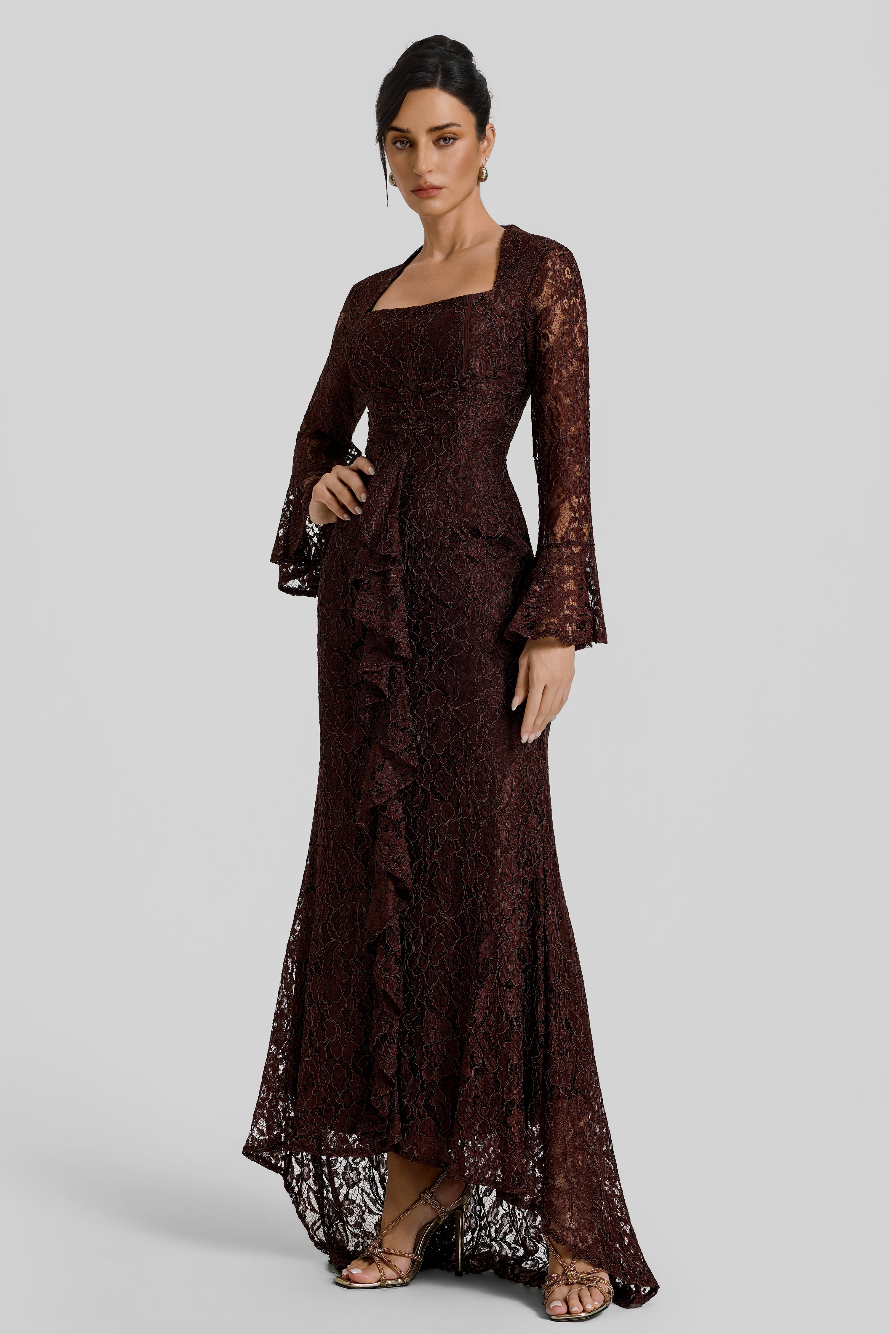 Lace Square Collar Bell Sleeve Maxi Dress