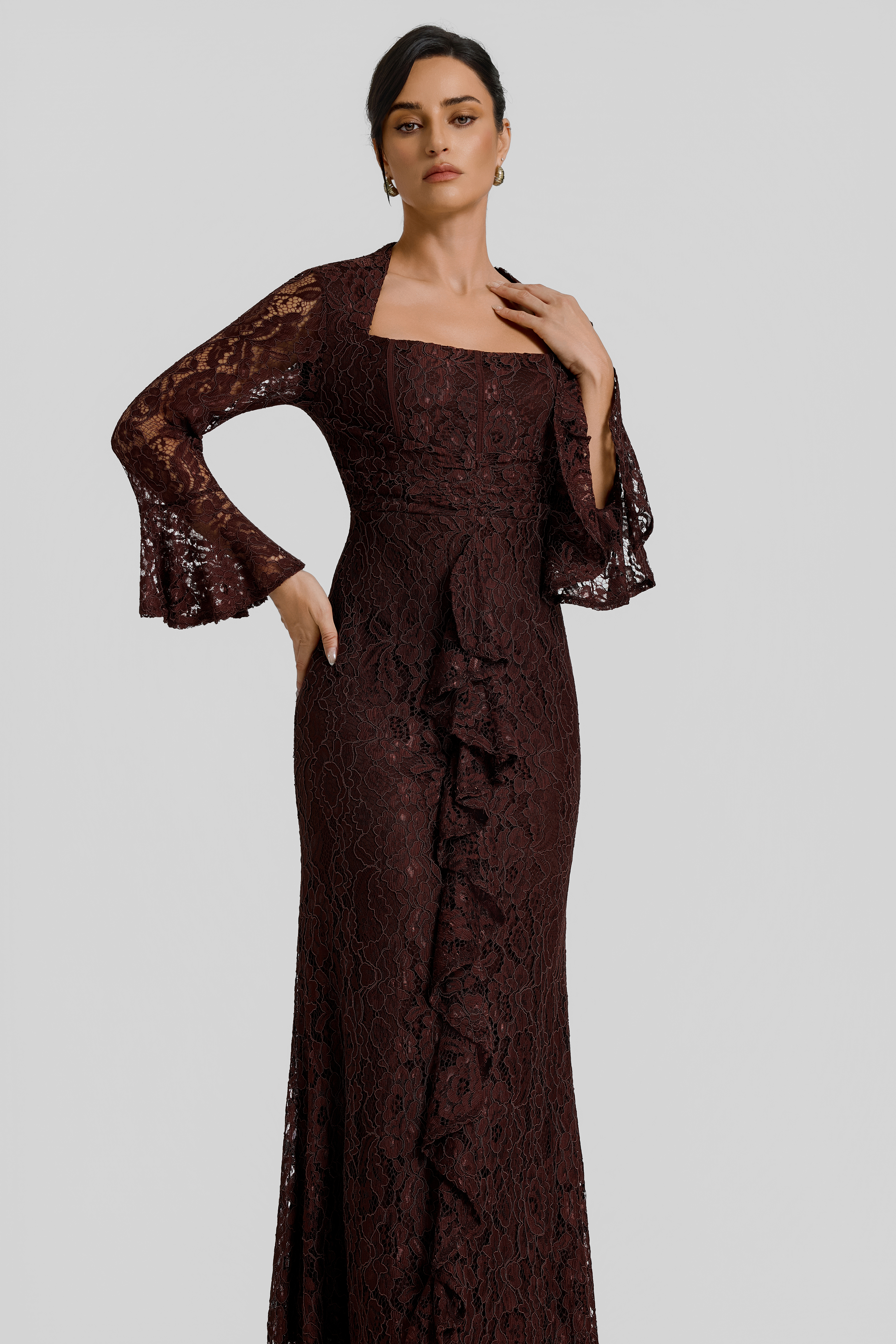Lace Square Collar Bell Sleeve Maxi Dress