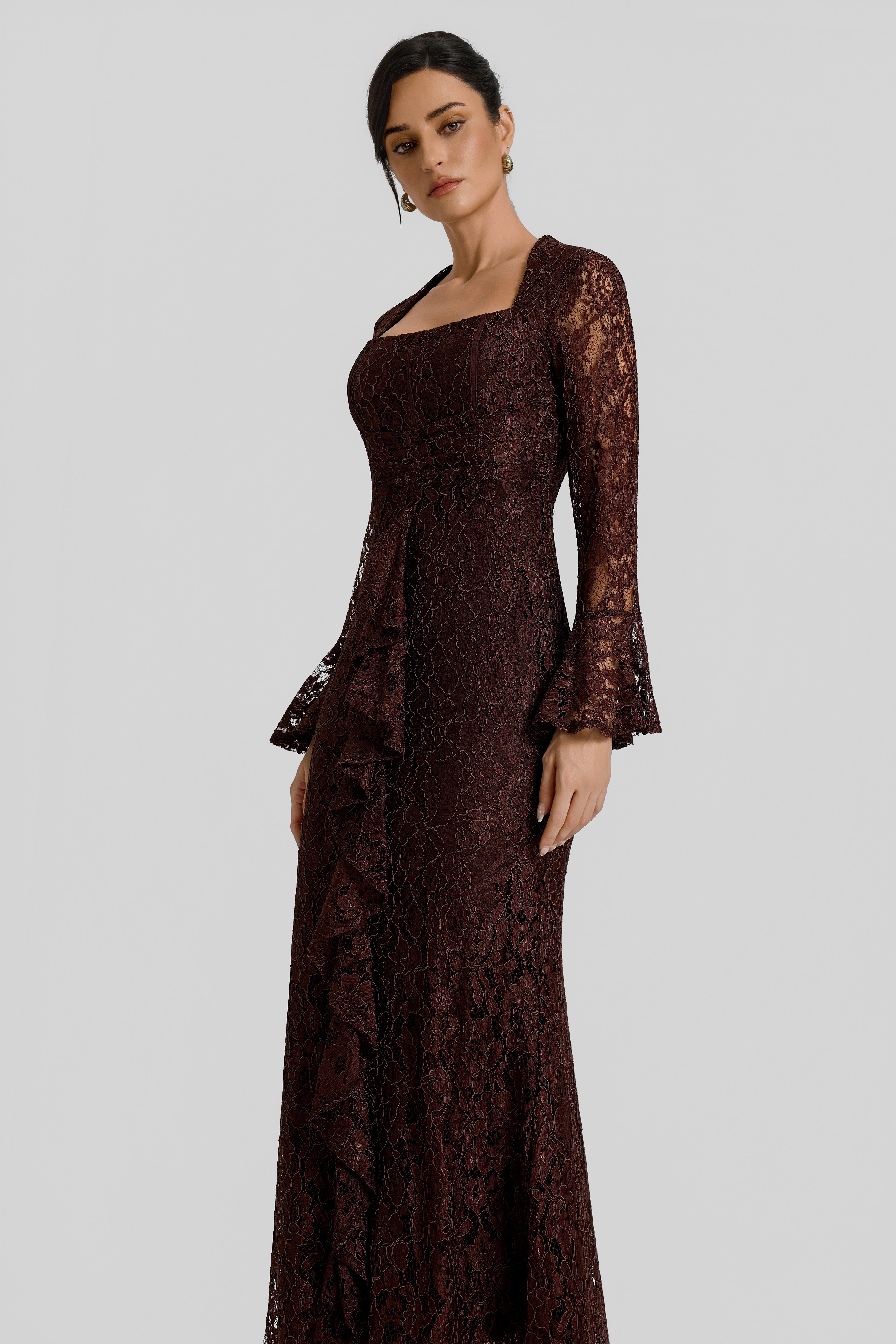 Lace Square Collar Bell Sleeve Maxi Dress