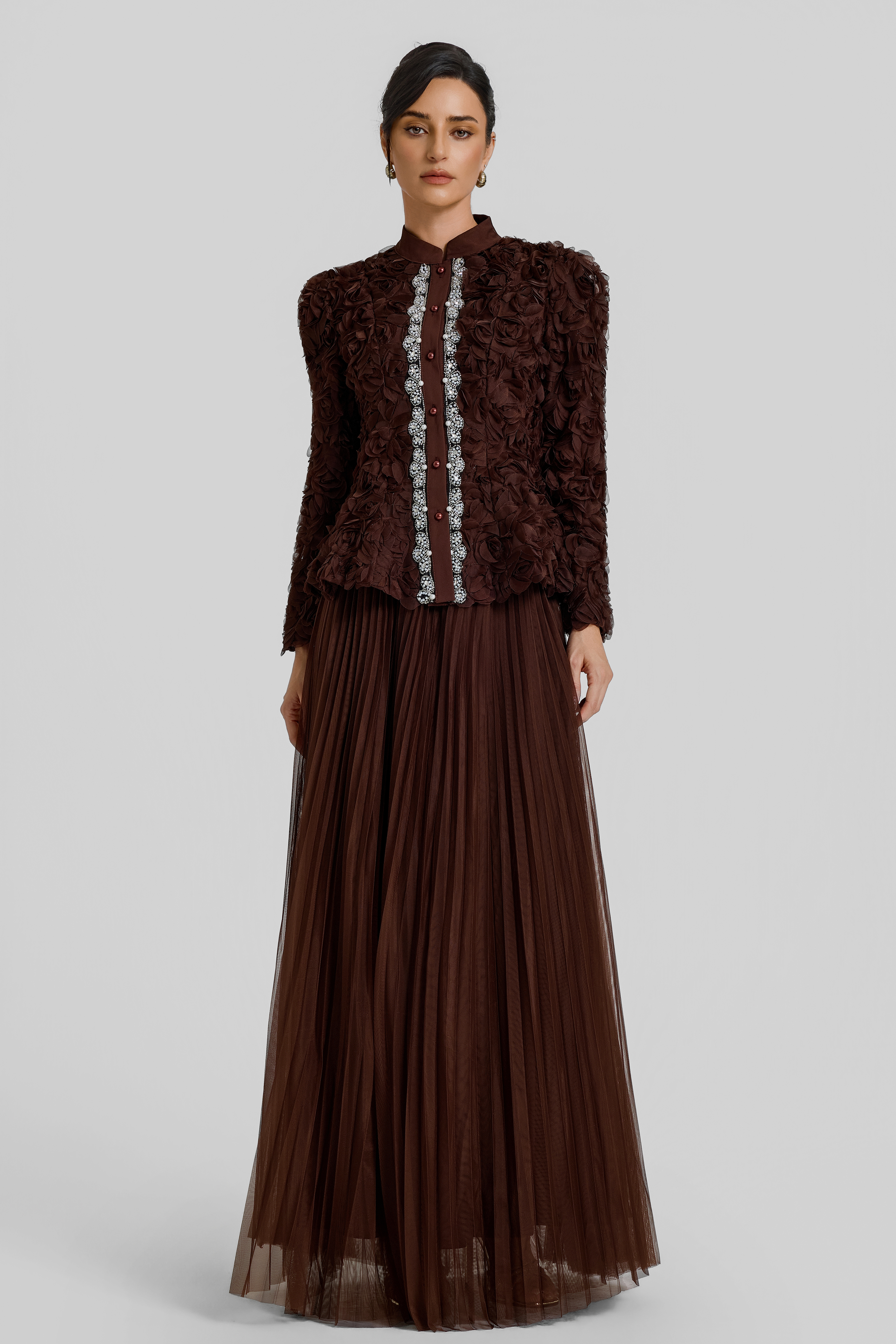 3D Flower Single Breasted Top & Mid Waist Maxi Skirt Set