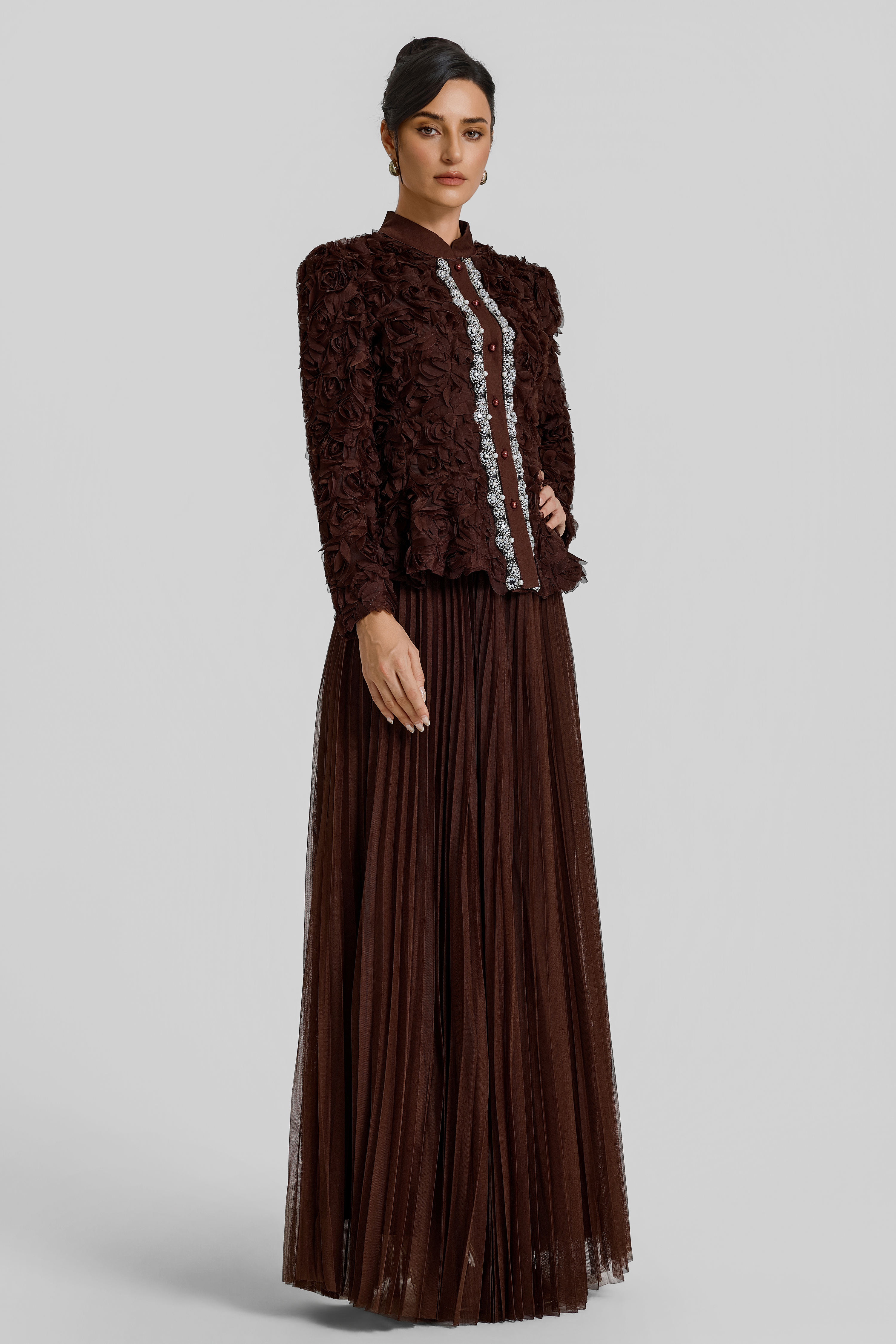 3D Flower Single Breasted Top & Mid Waist Maxi Skirt Set