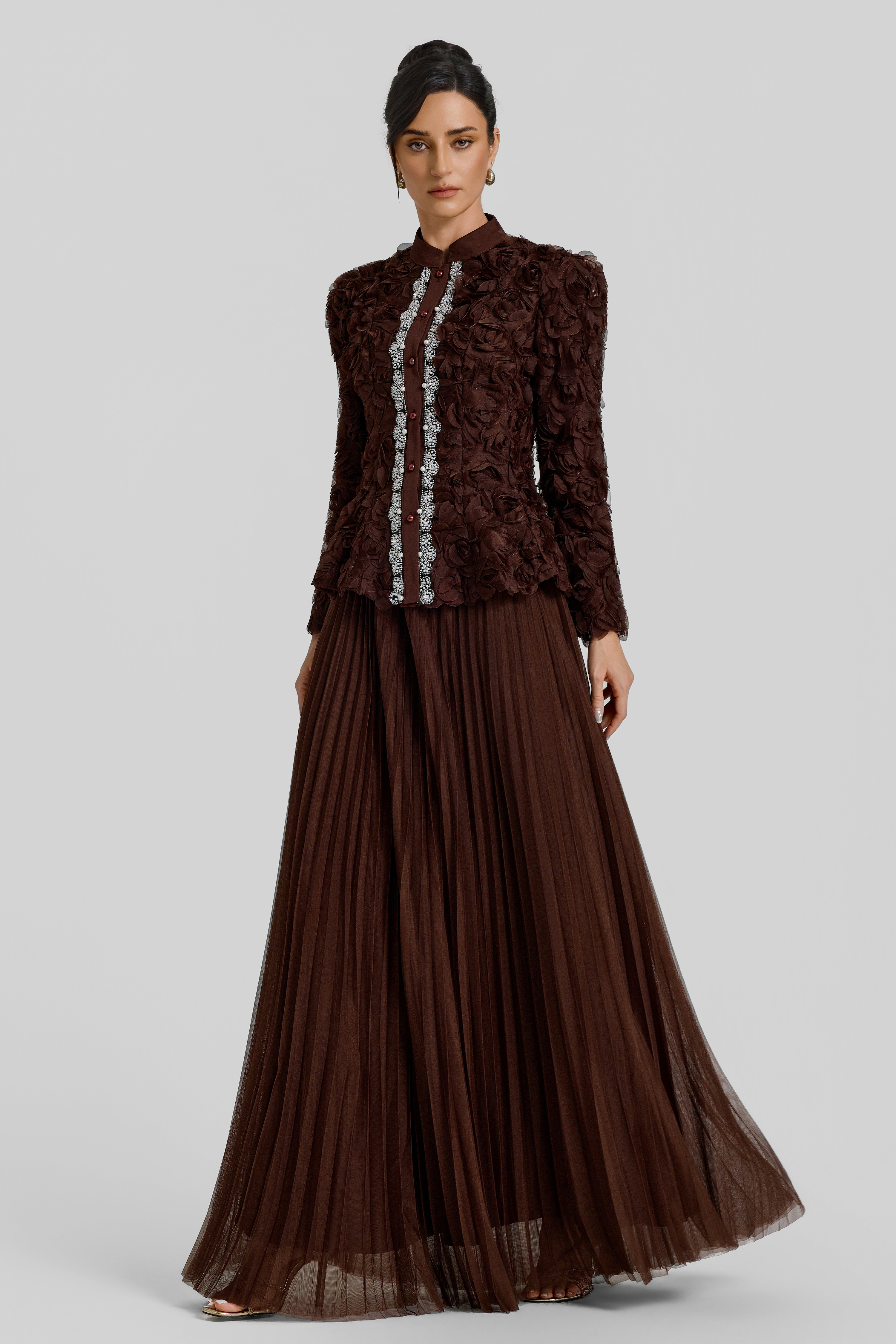 3D Flower Single Breasted Top & Mid Waist Maxi Skirt Set