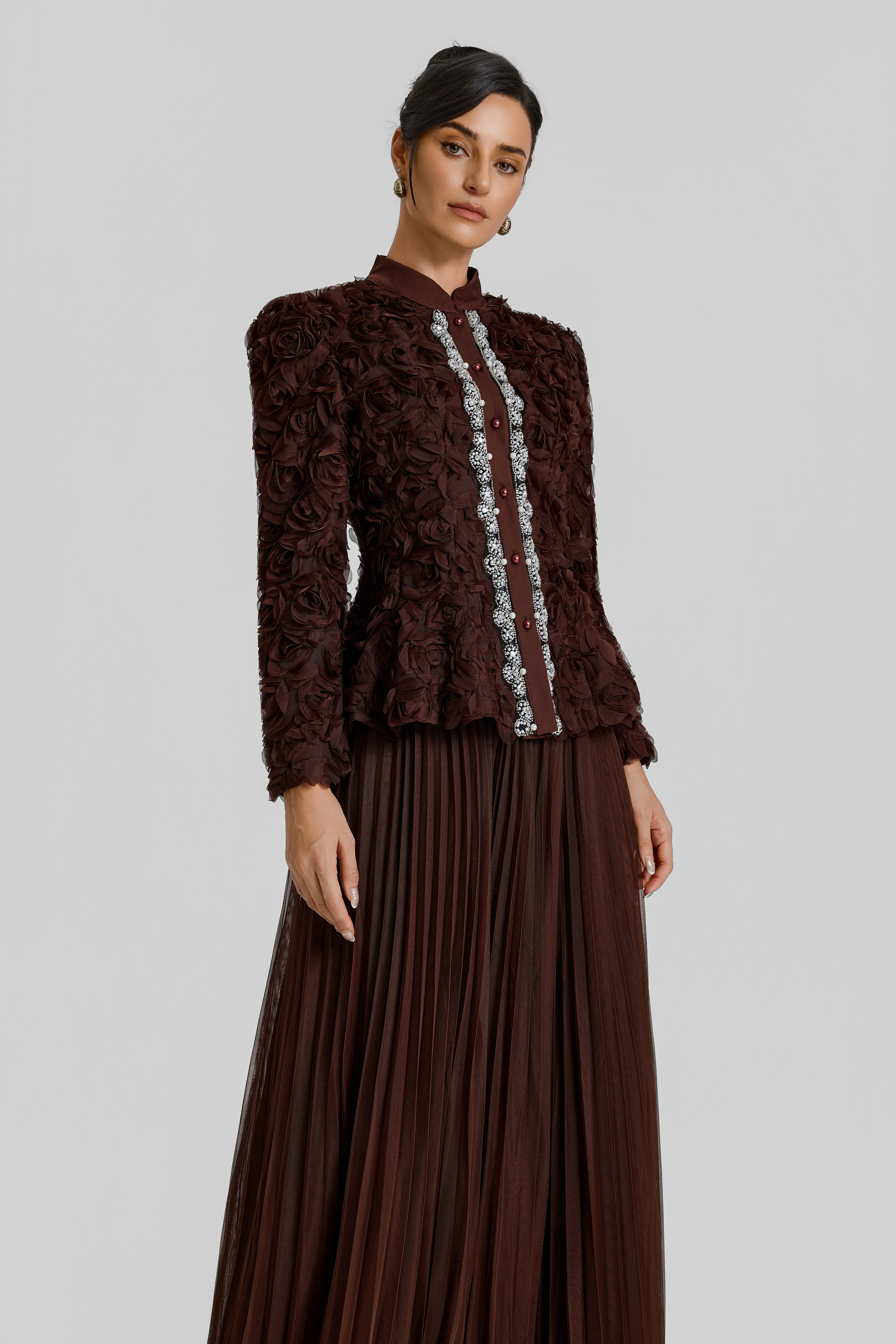 3D Flower Single Breasted Top & Mid Waist Maxi Skirt Set