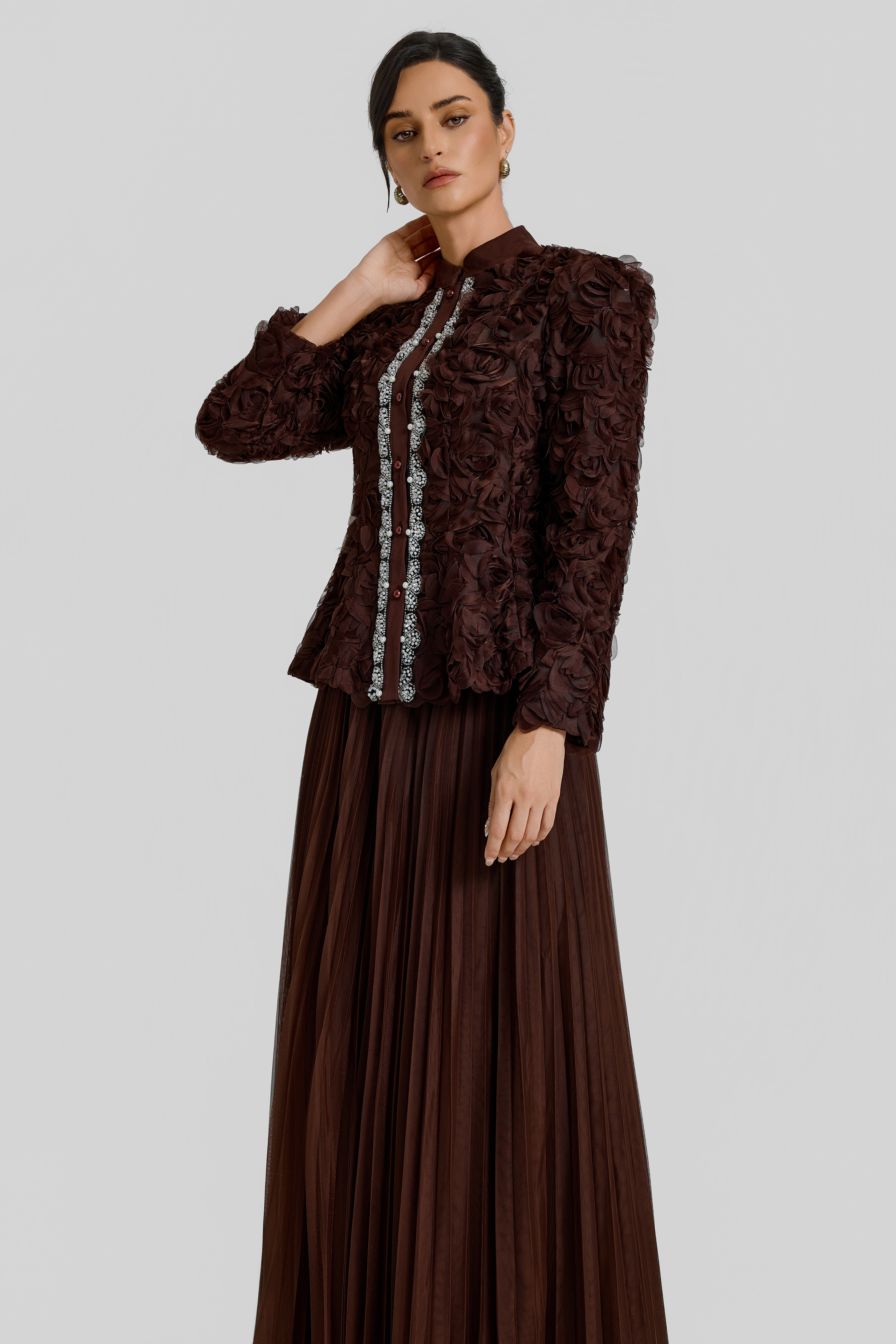 3D Flower Single Breasted Top & Mid Waist Maxi Skirt Set