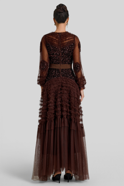 Sequin Mesh Frill Midi Dress