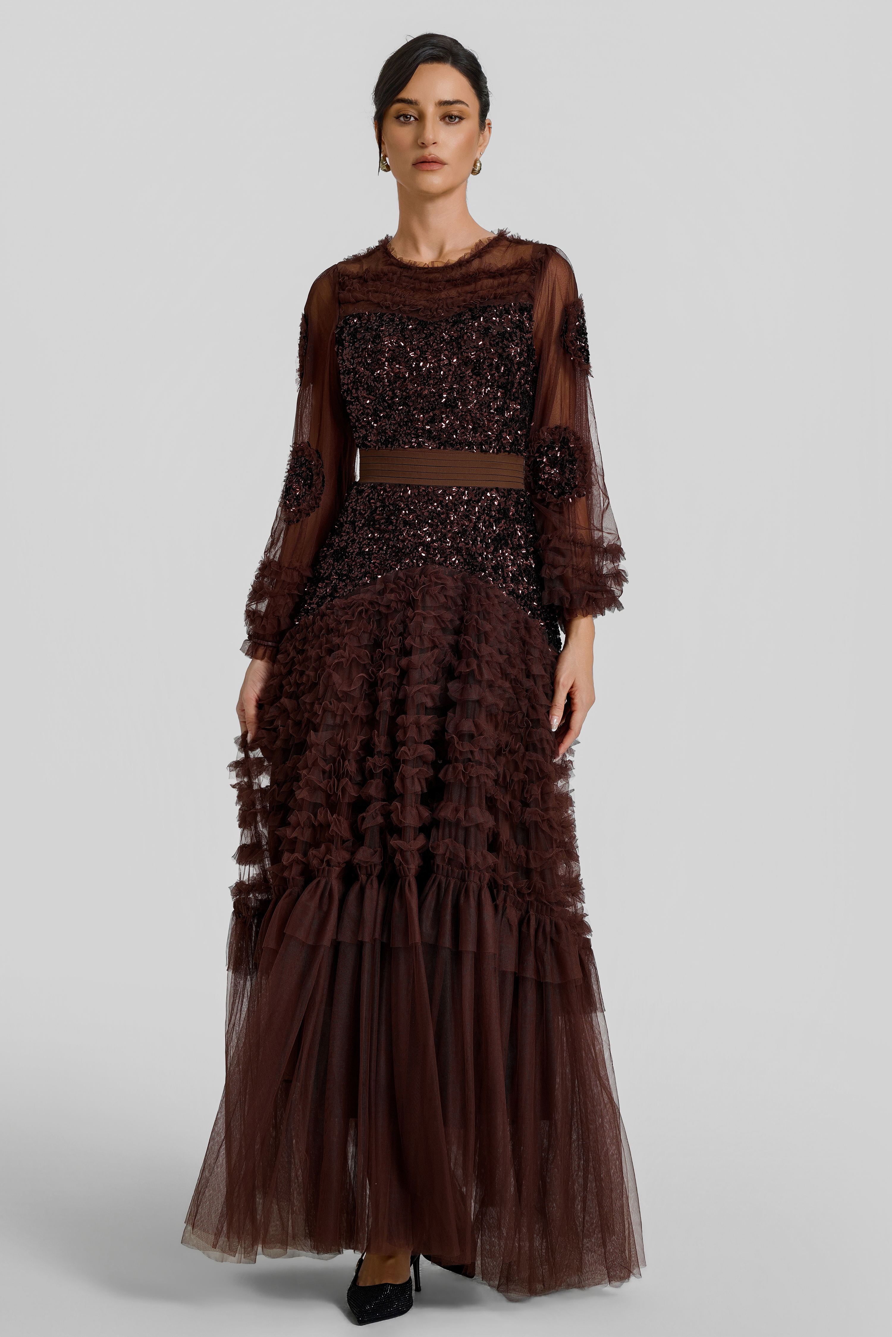 Sequin Mesh Frill Midi Dress