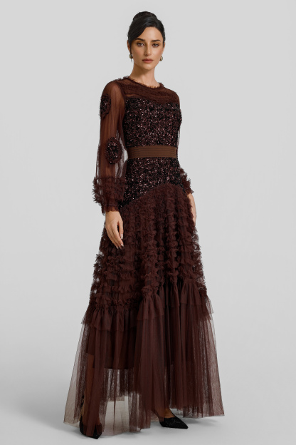 Sequin Mesh Frill Midi Dress