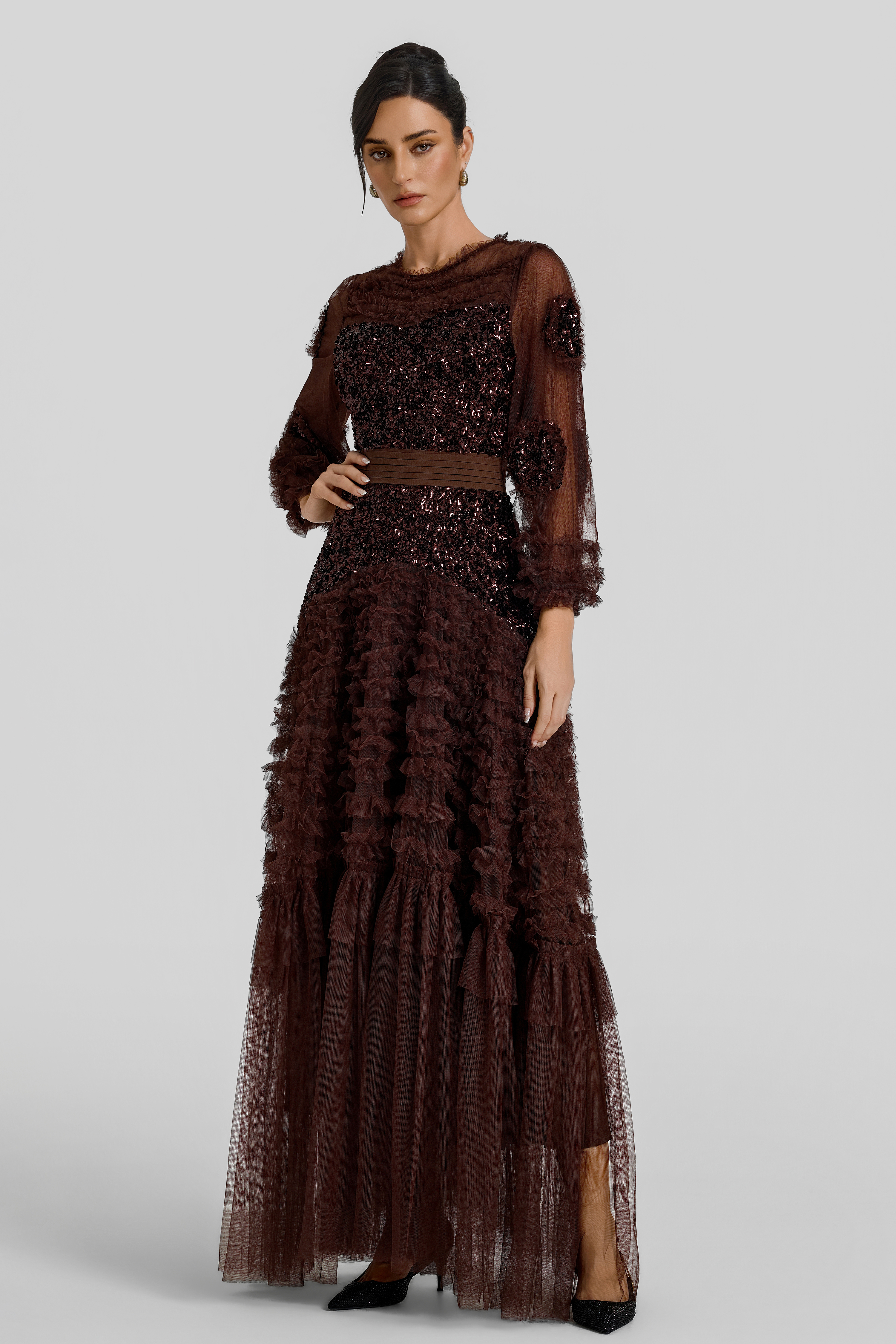 Sequin Mesh Frill Midi Dress