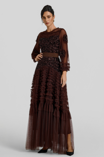 Sequin Mesh Frill Midi Dress