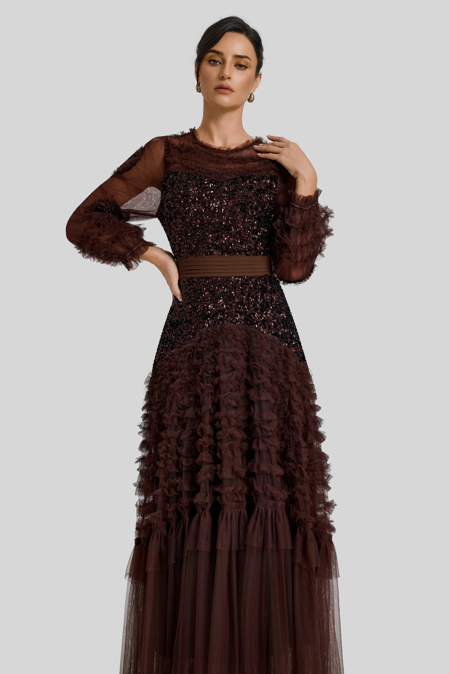 Sequin Mesh Frill Midi Dress