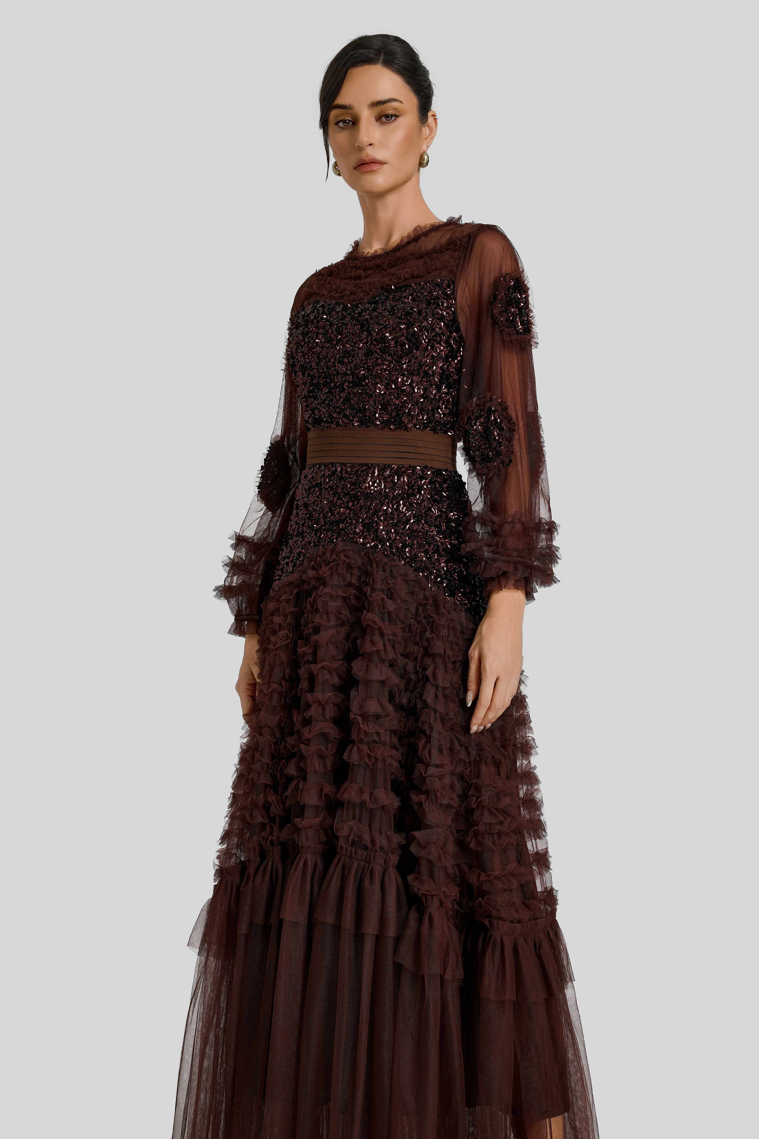 Sequin Mesh Frill Midi Dress