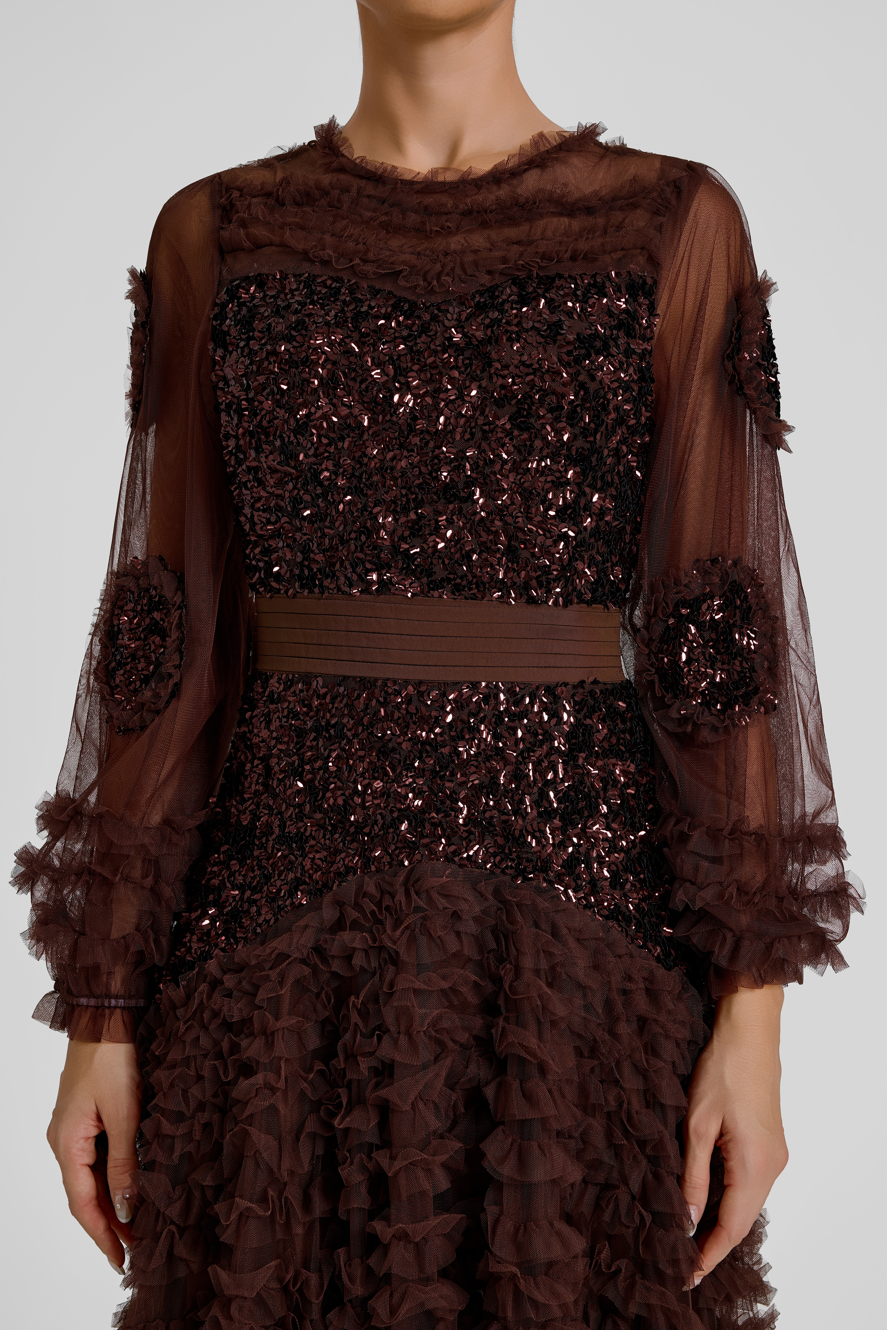 Sequin Mesh Frill Midi Dress