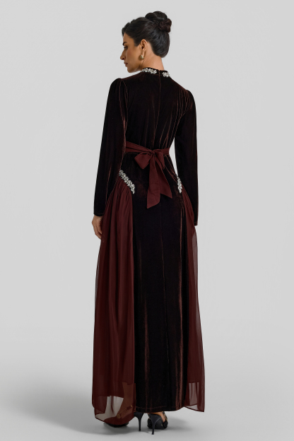 Contrast Color Velvet Rhinestone Rivets Maxi Dress