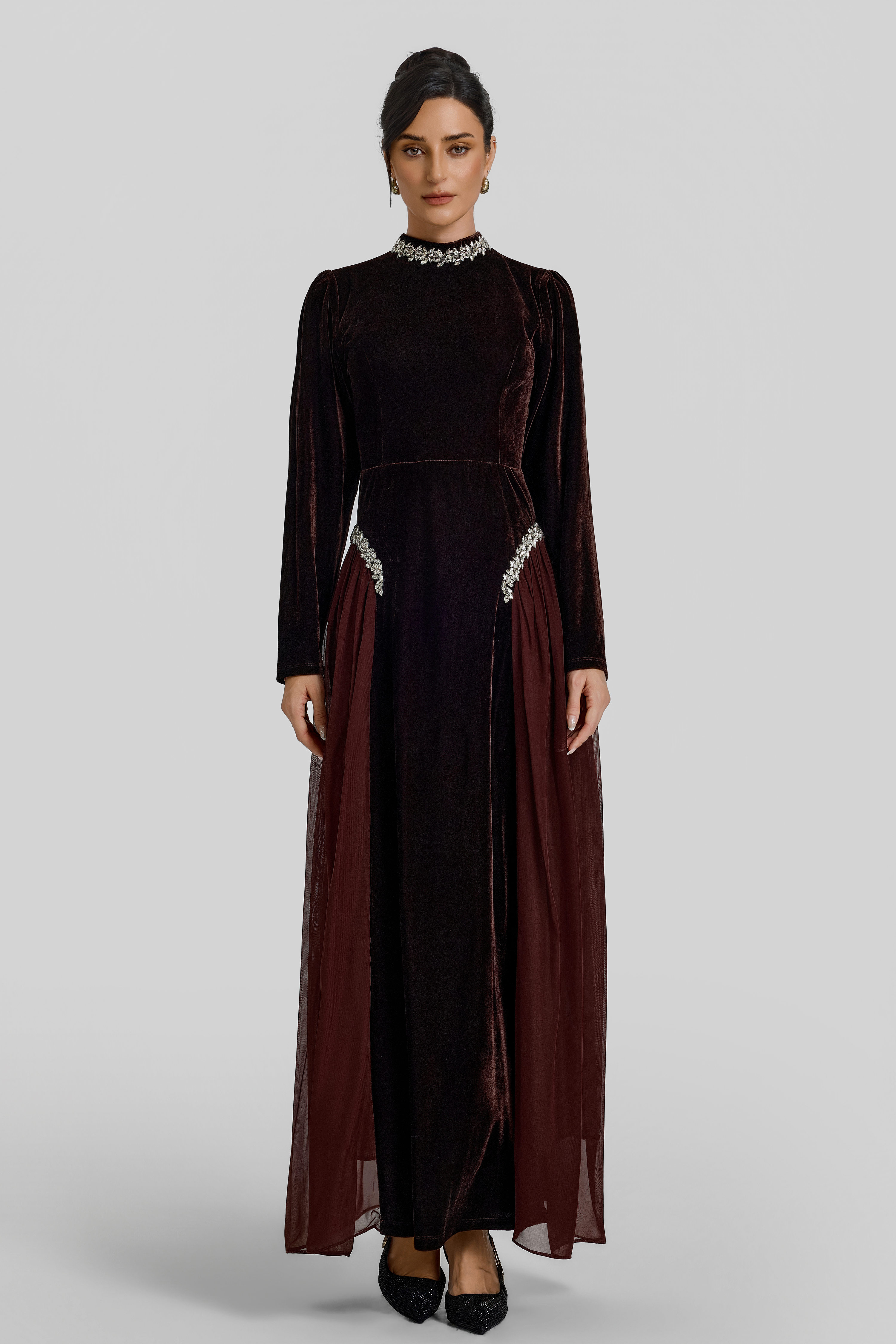 Contrast Color Velvet Rhinestone Rivets Maxi Dress