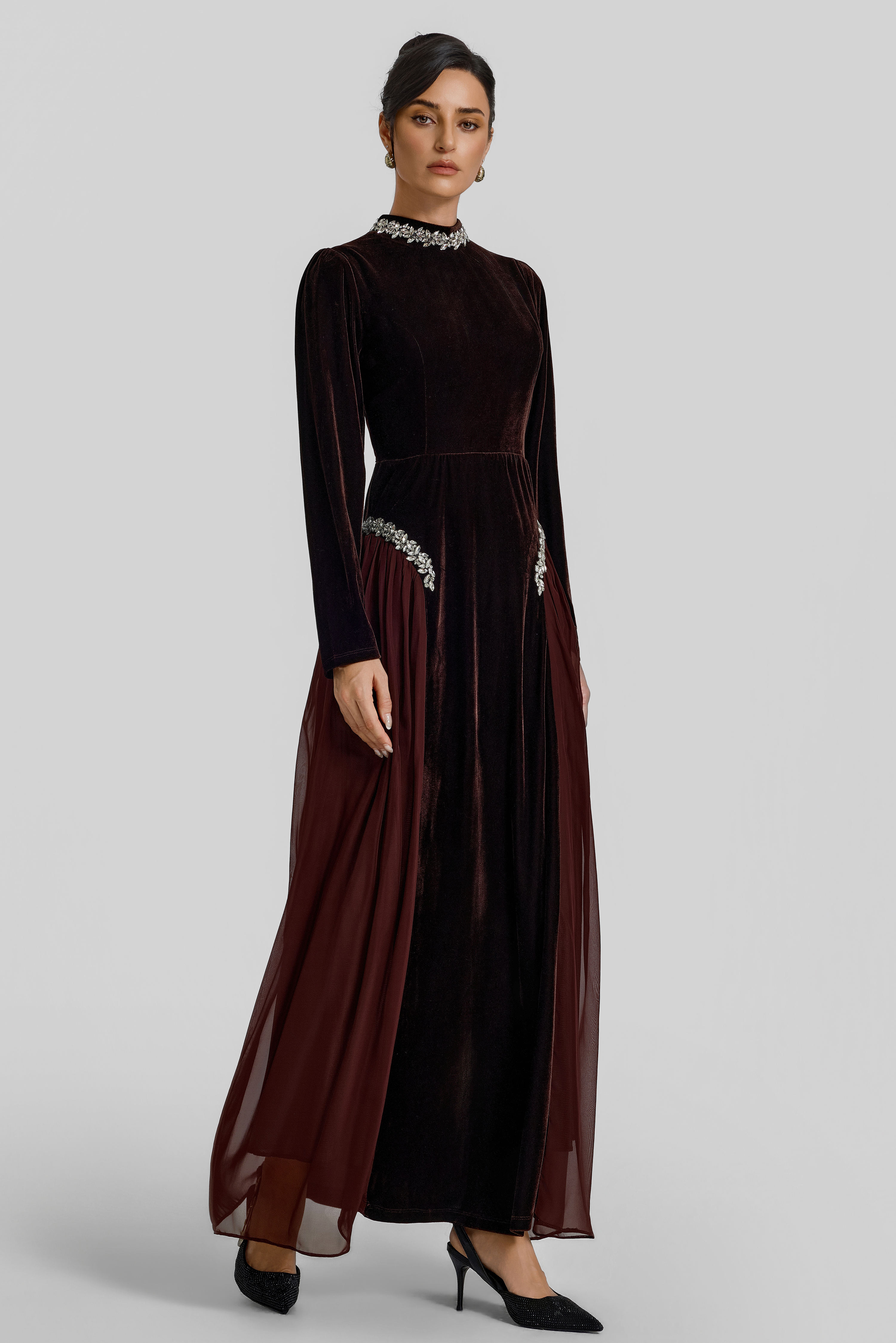 Contrast Color Velvet Rhinestone Rivets Maxi Dress