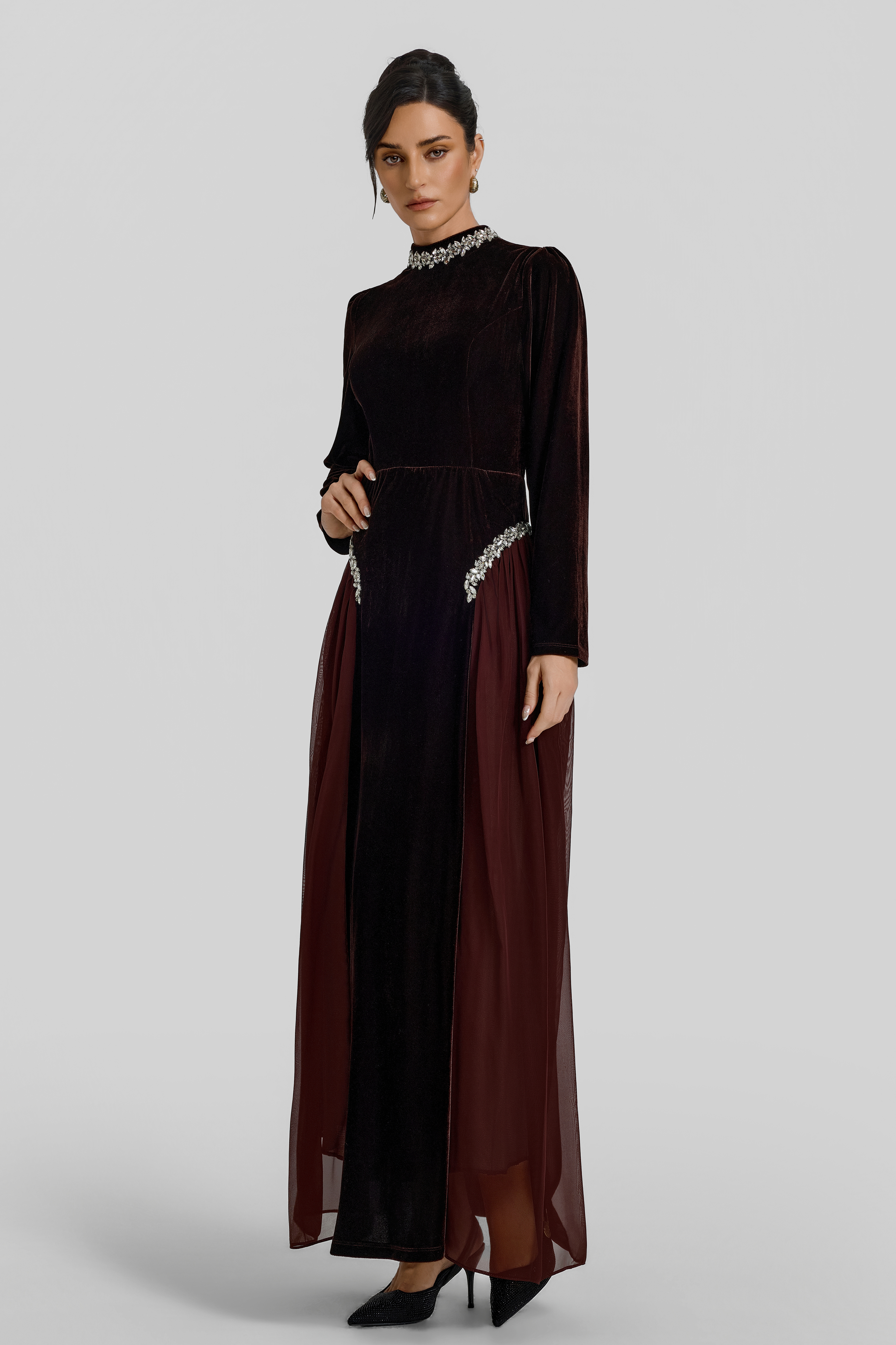 Contrast Color Velvet Rhinestone Rivets Maxi Dress