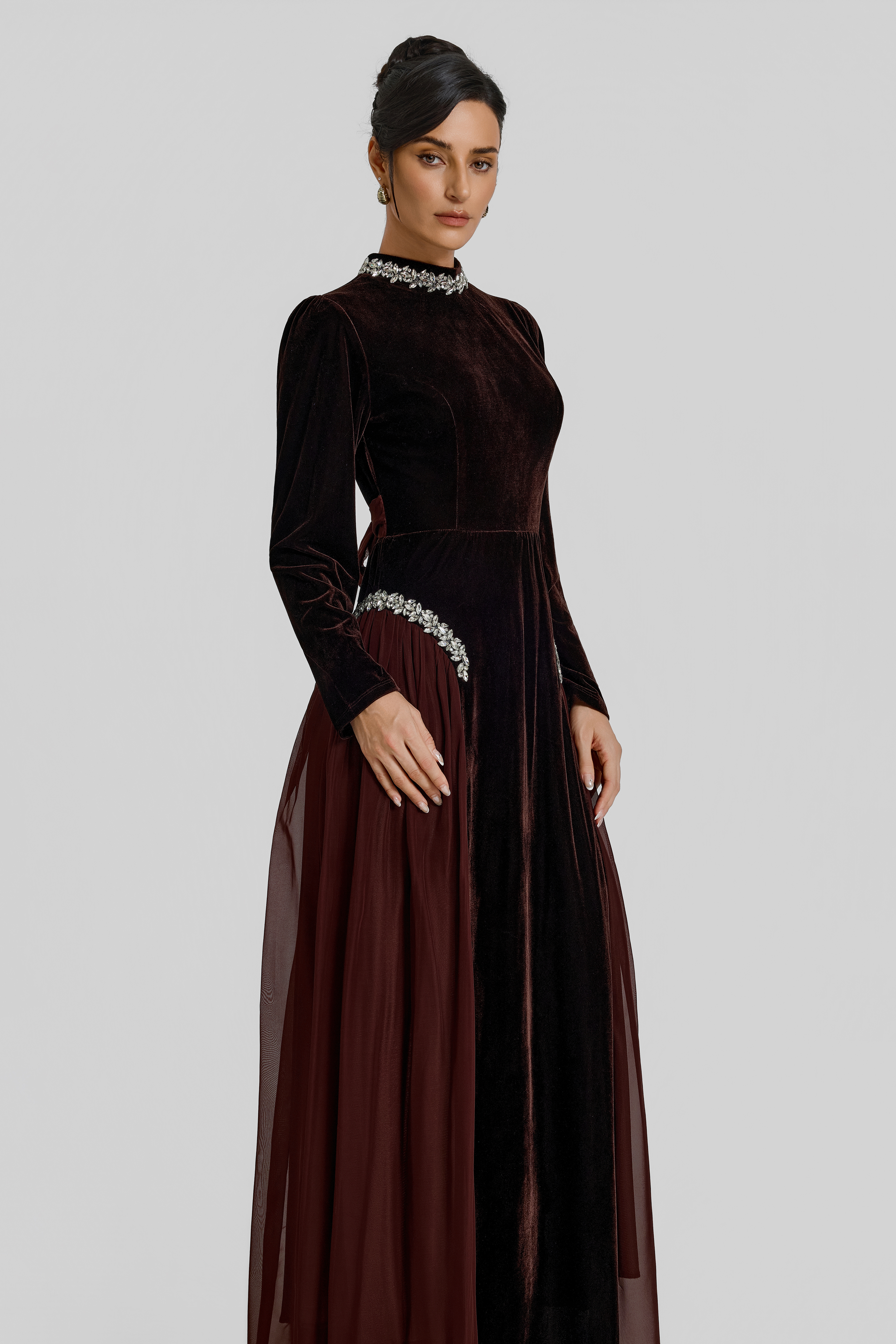 Contrast Color Velvet Rhinestone Rivets Maxi Dress