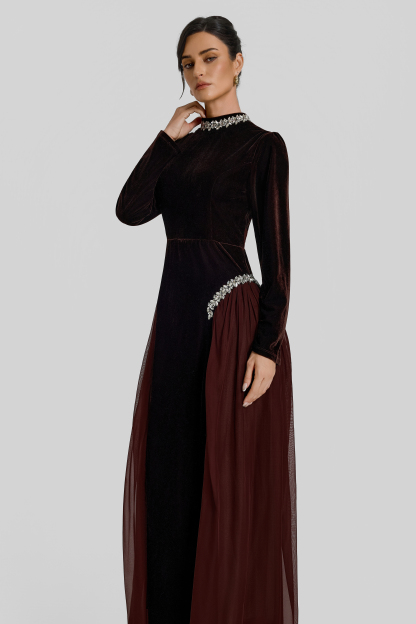 Contrast Color Velvet Rhinestone Rivets Maxi Dress
