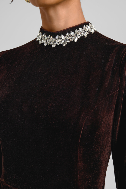Contrast Color Velvet Rhinestone Rivets Maxi Dress