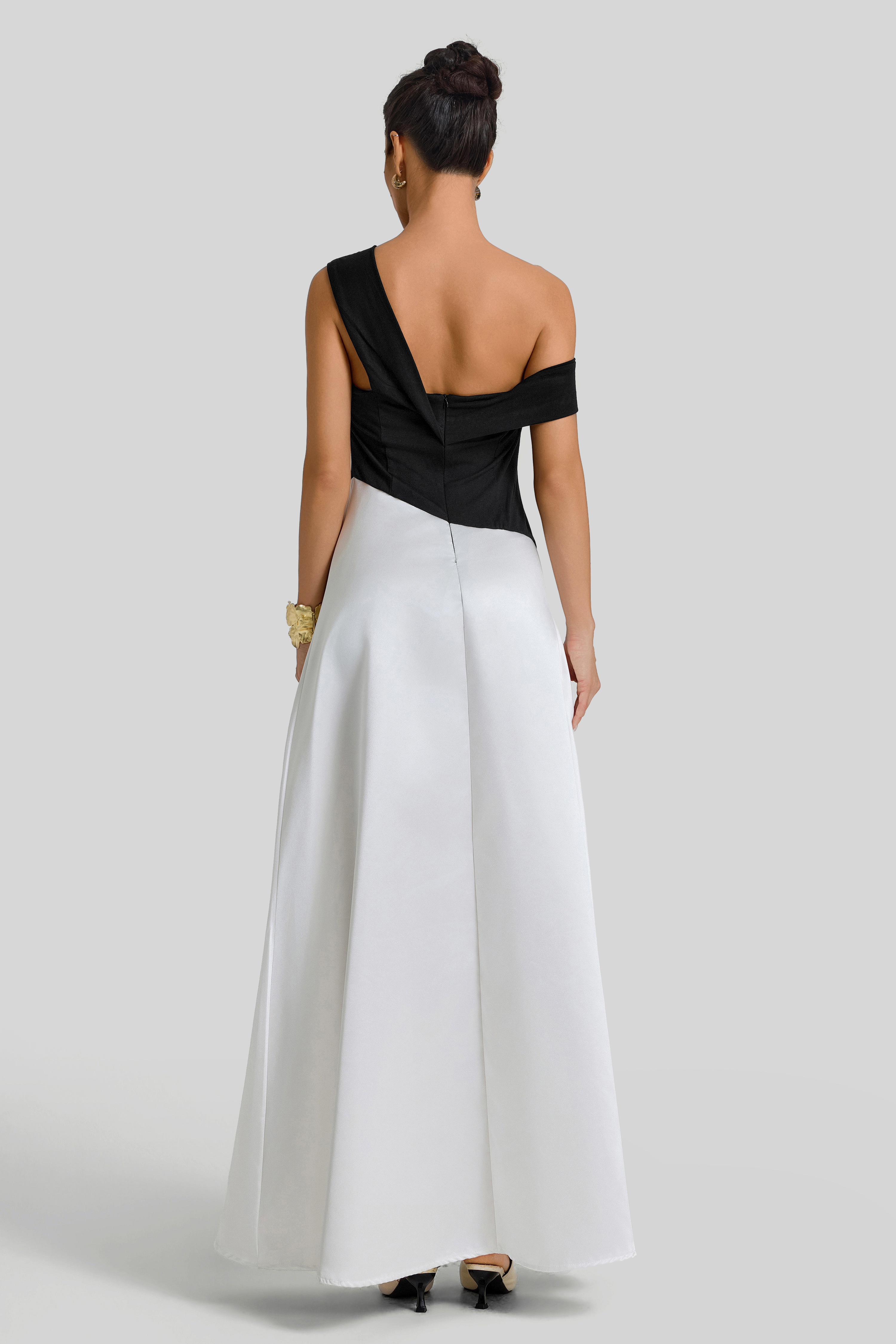 Asymmetrical Contrast Color Off Shoulder Midi Dress