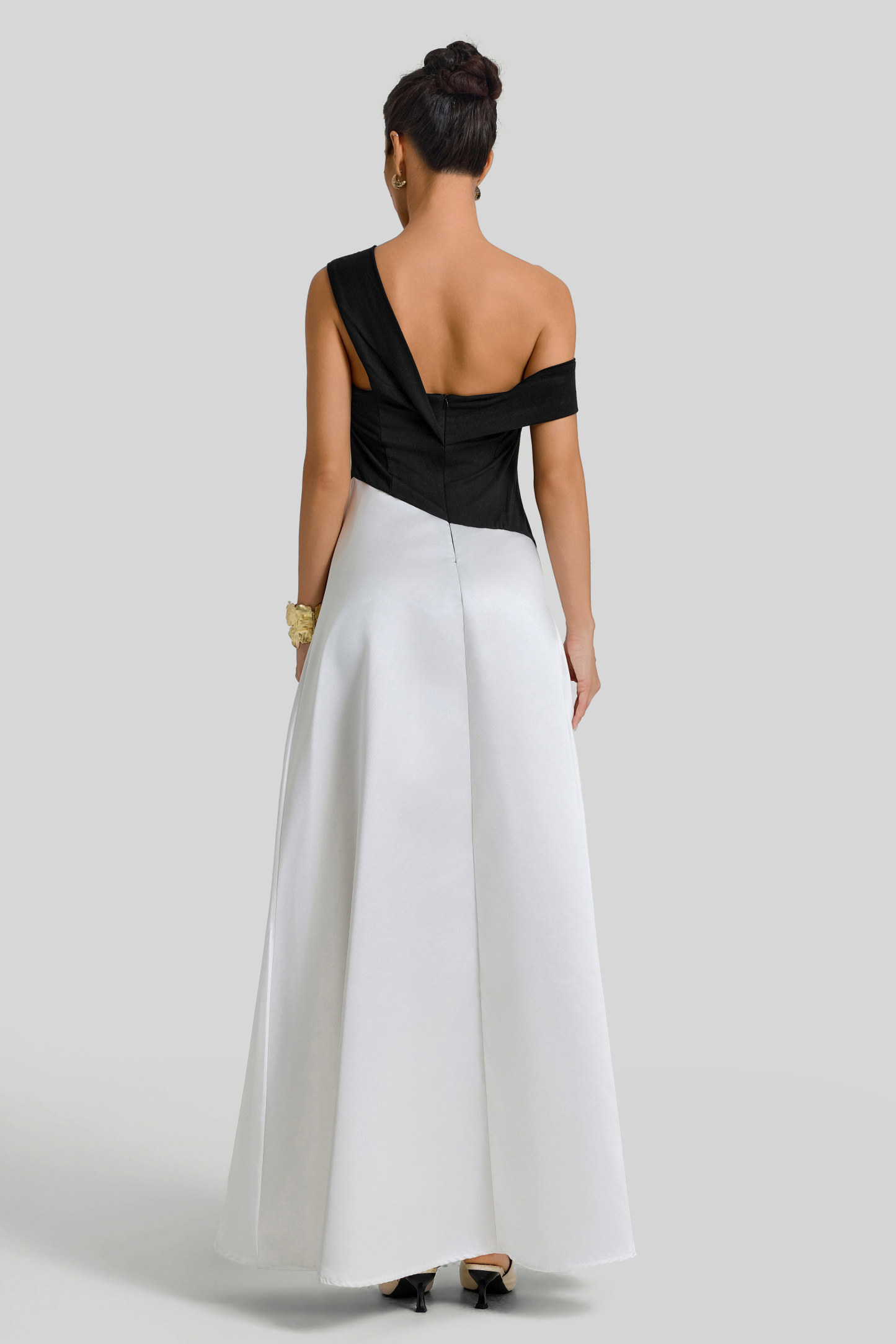 Asymmetrical Contrast Color Off Shoulder Midi Dress