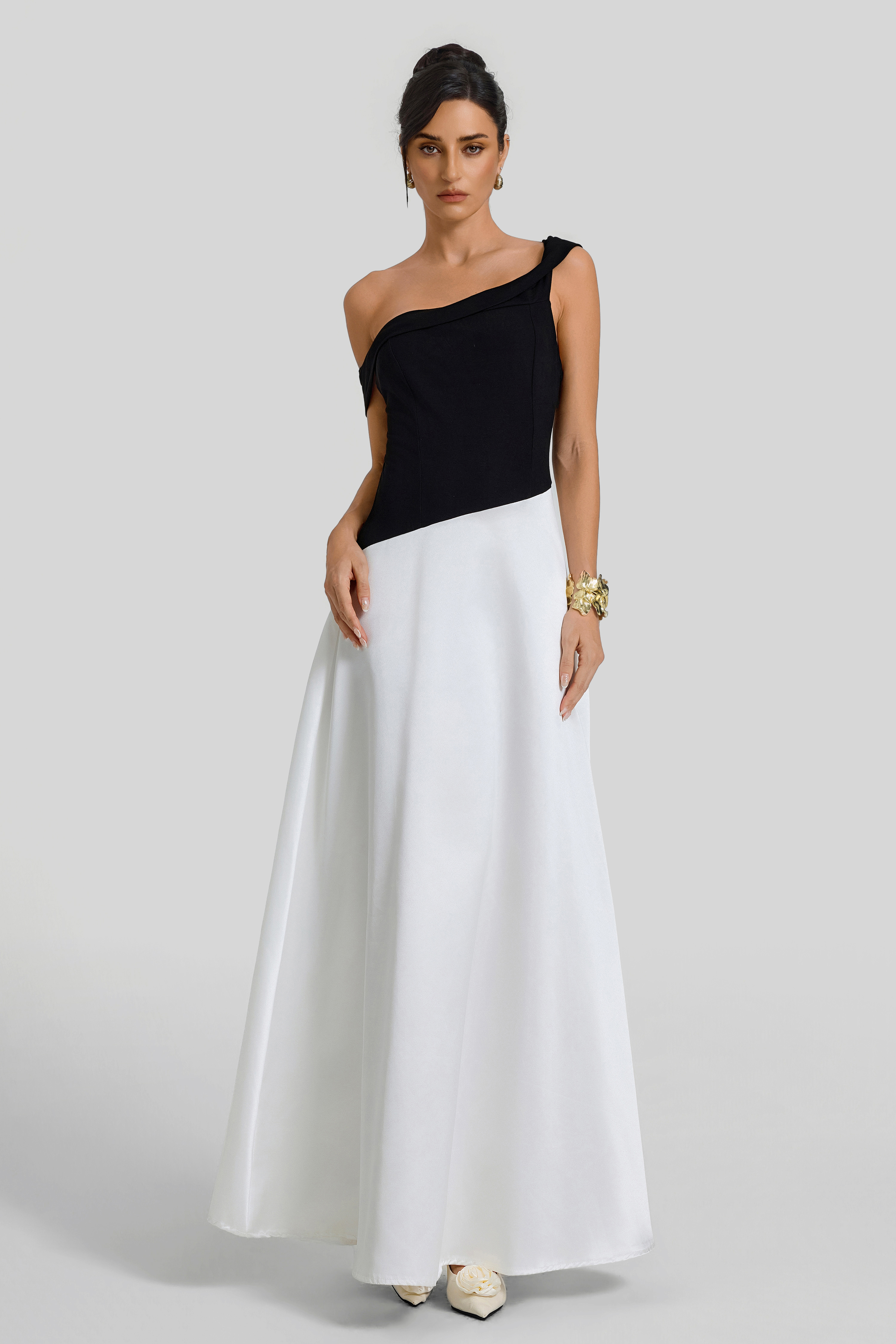 Asymmetrical Contrast Color Off Shoulder Midi Dress