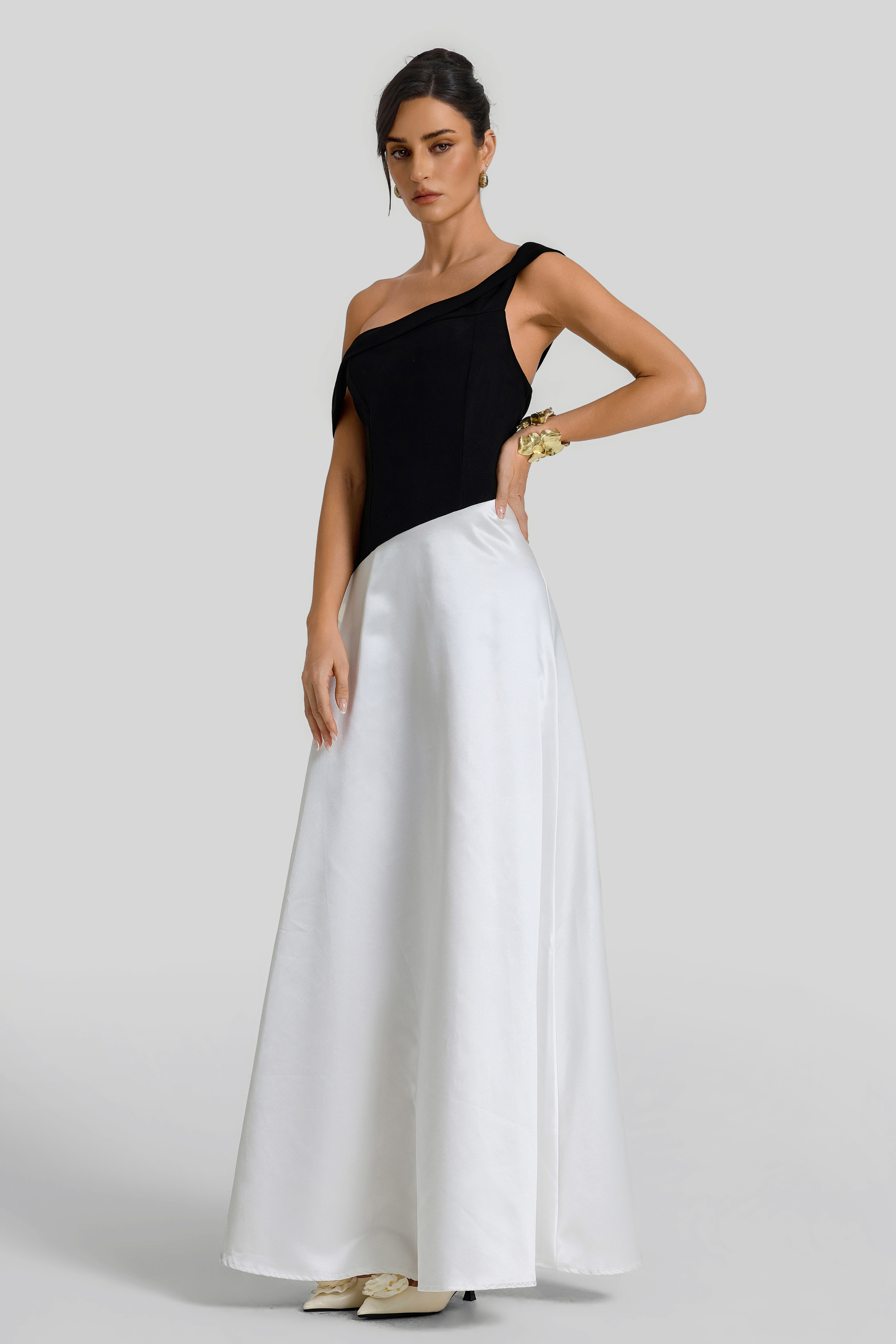 Asymmetrical Contrast Color Off Shoulder Midi Dress