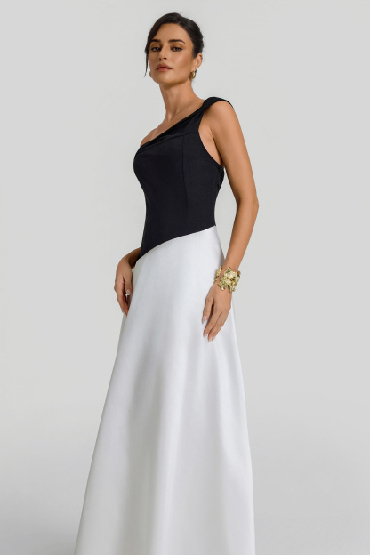 Asymmetrical Contrast Color Off Shoulder Midi Dress
