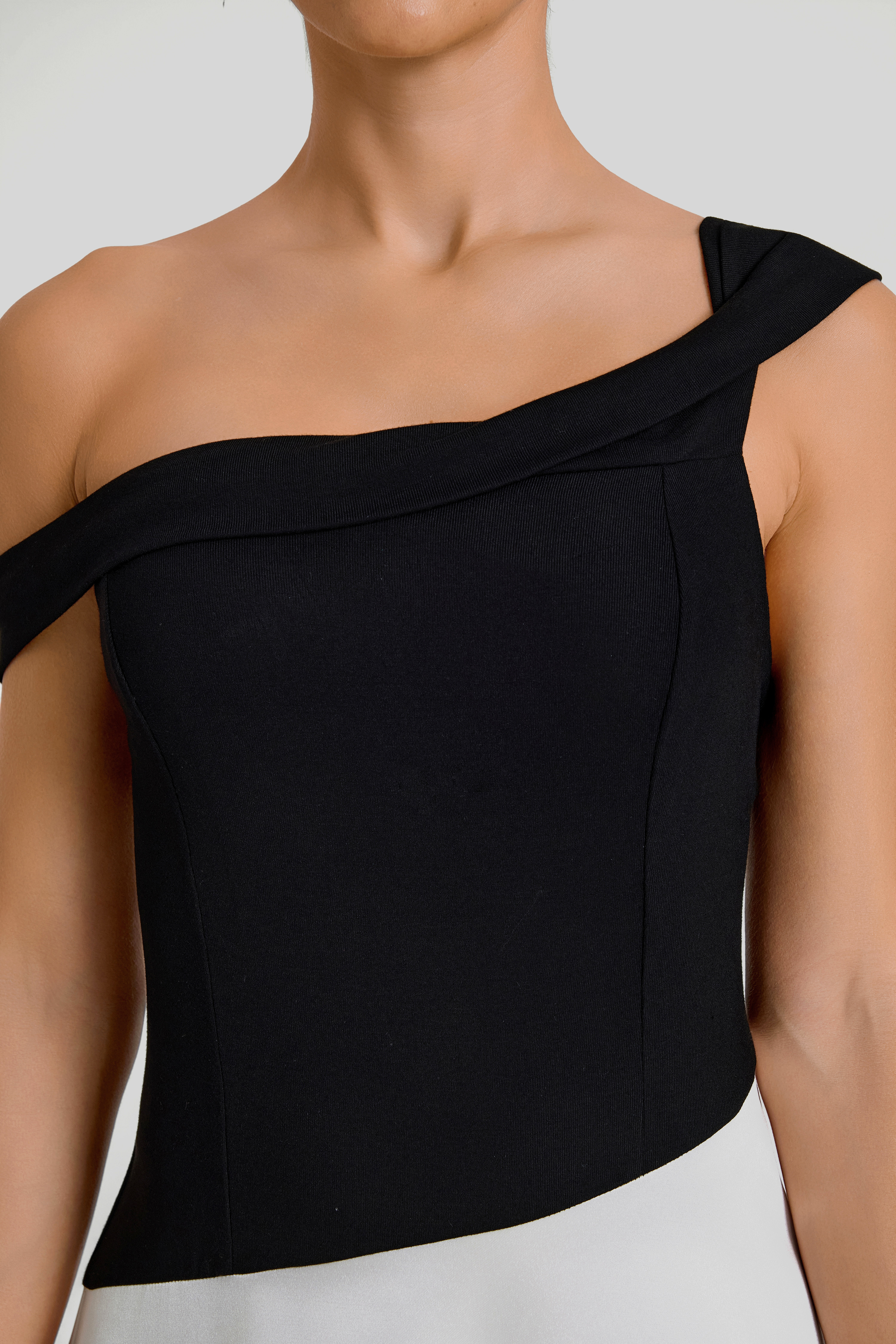 Asymmetrical Contrast Color Off Shoulder Midi Dress