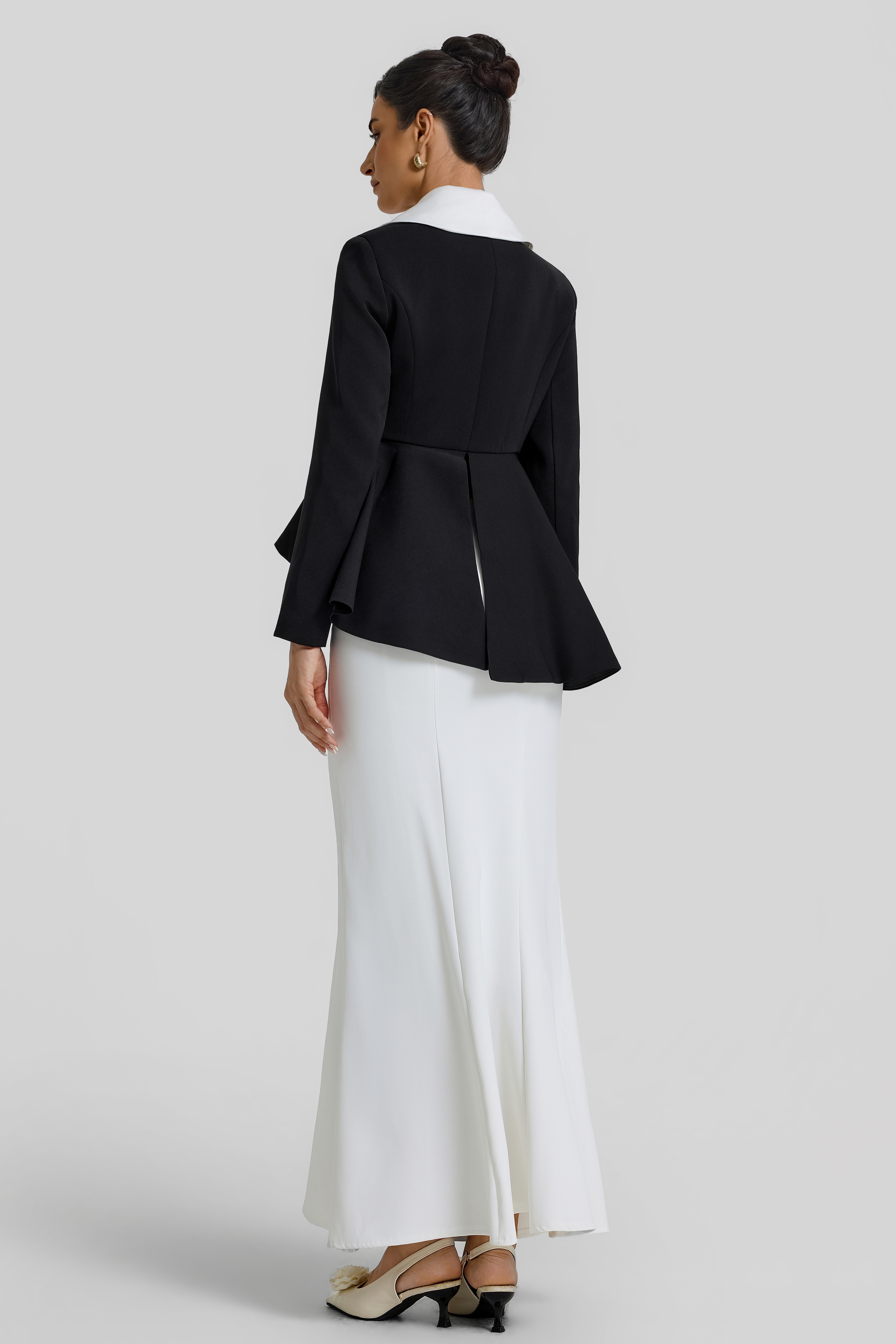 Contrast Color Feather Top & High Waist Midi Skirt Set
