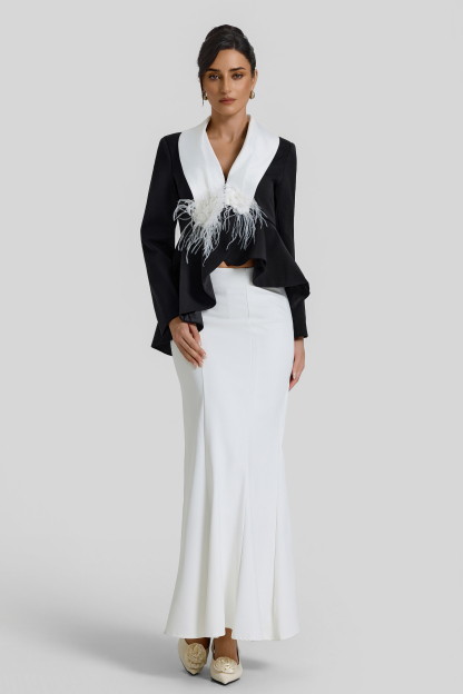 Contrast Color Feather Top & High Waist Midi Skirt Set