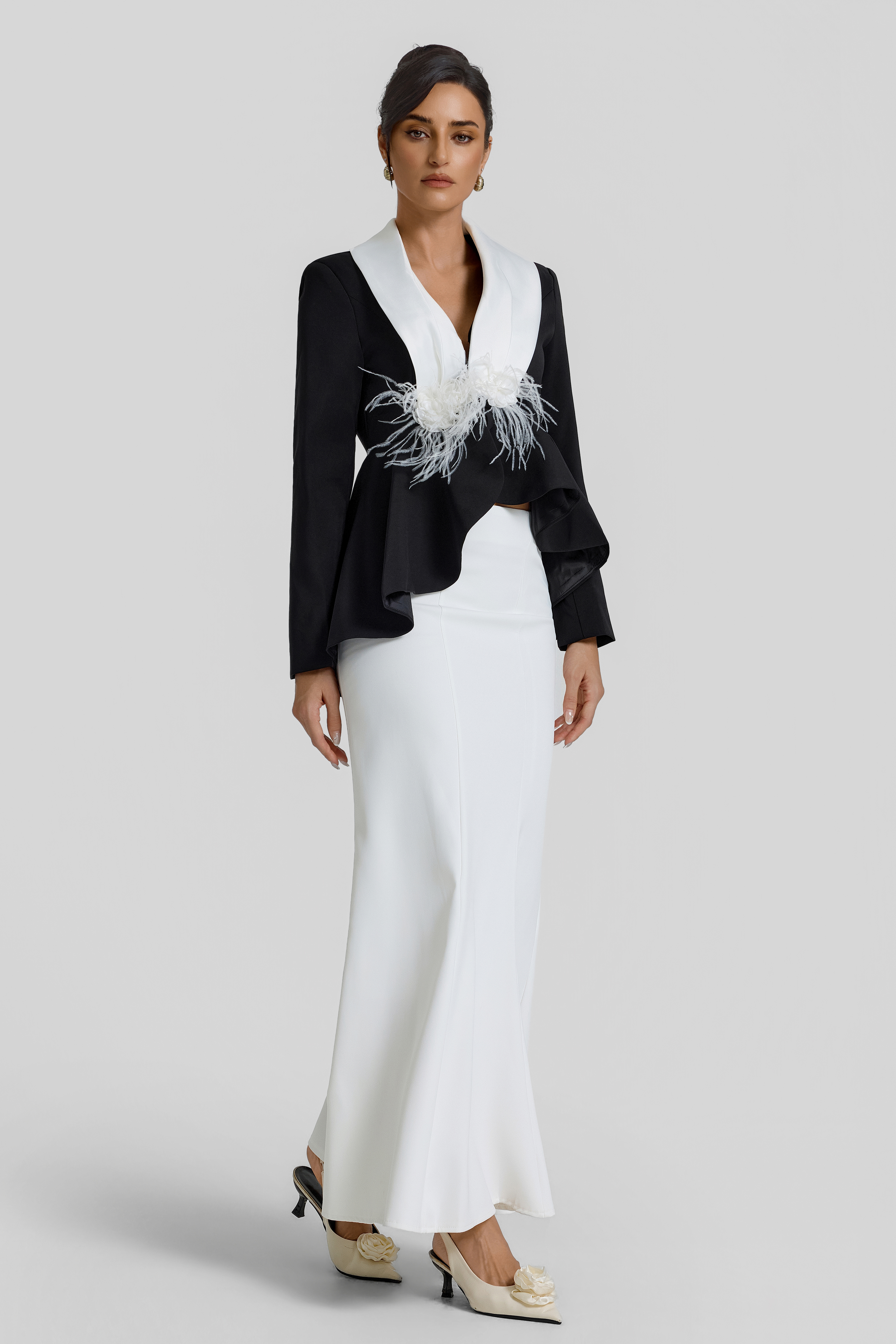 Contrast Color Feather Top & High Waist Midi Skirt Set