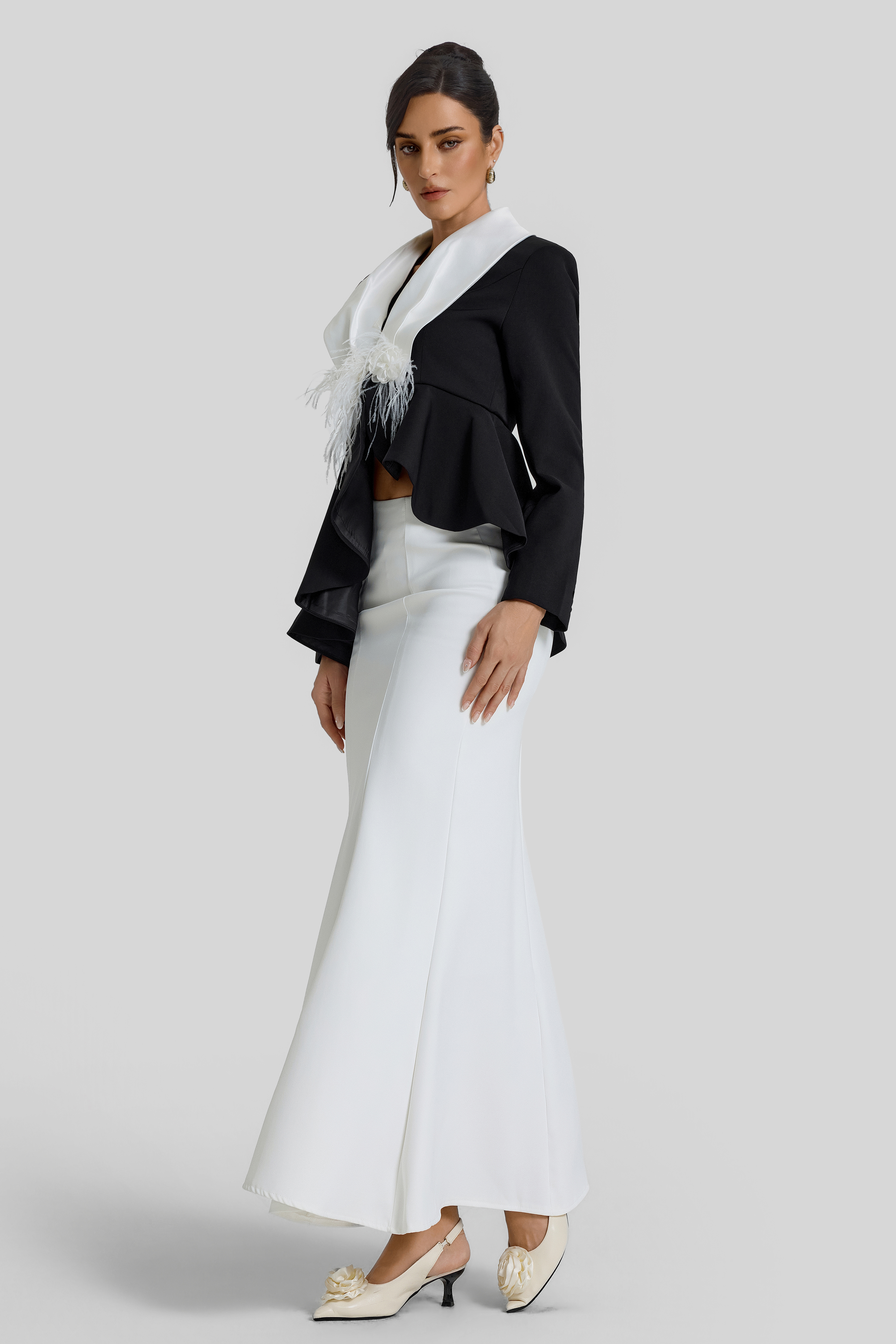 Contrast Color Feather Top & High Waist Midi Skirt Set