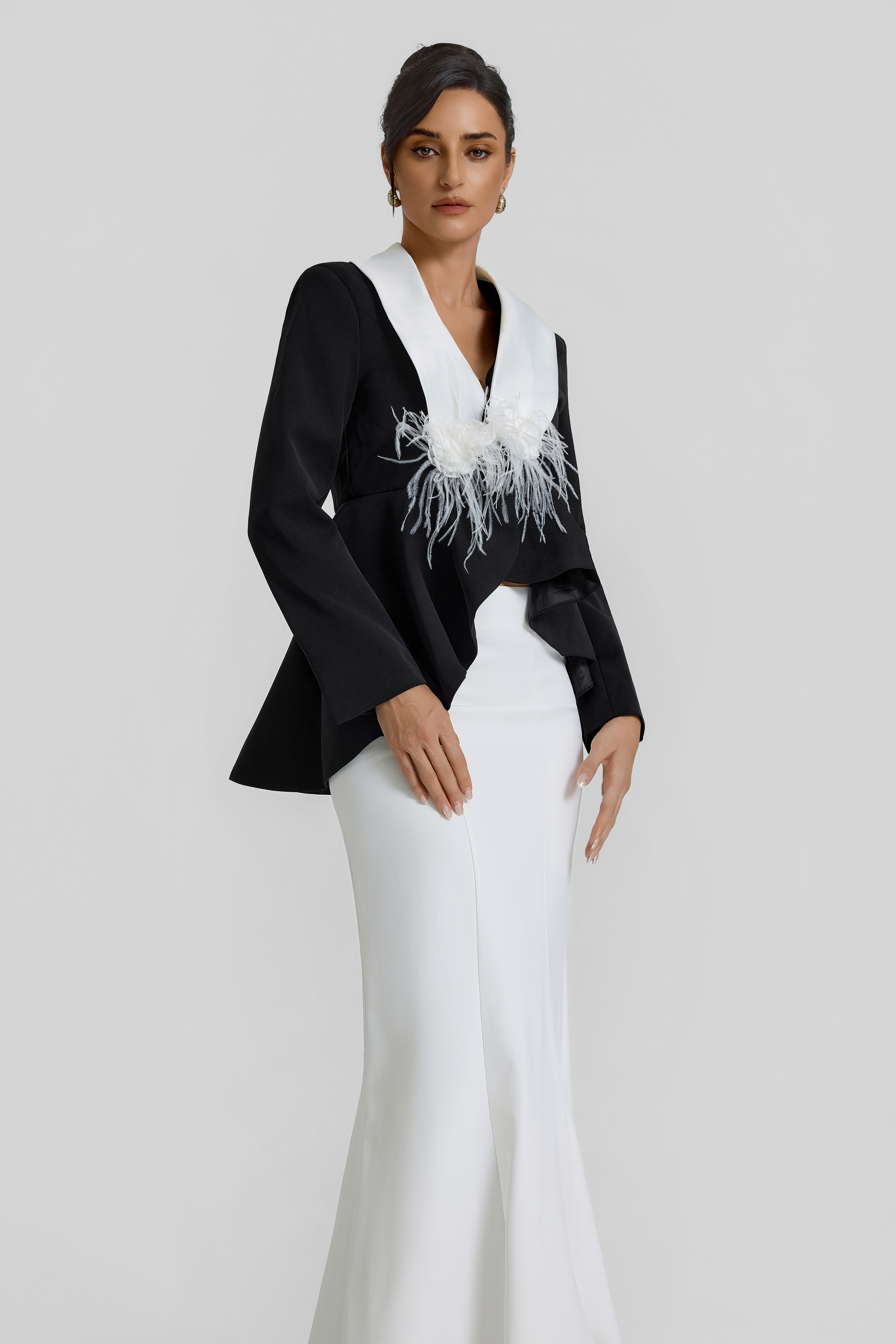 Contrast Color Feather Top & High Waist Midi Skirt Set