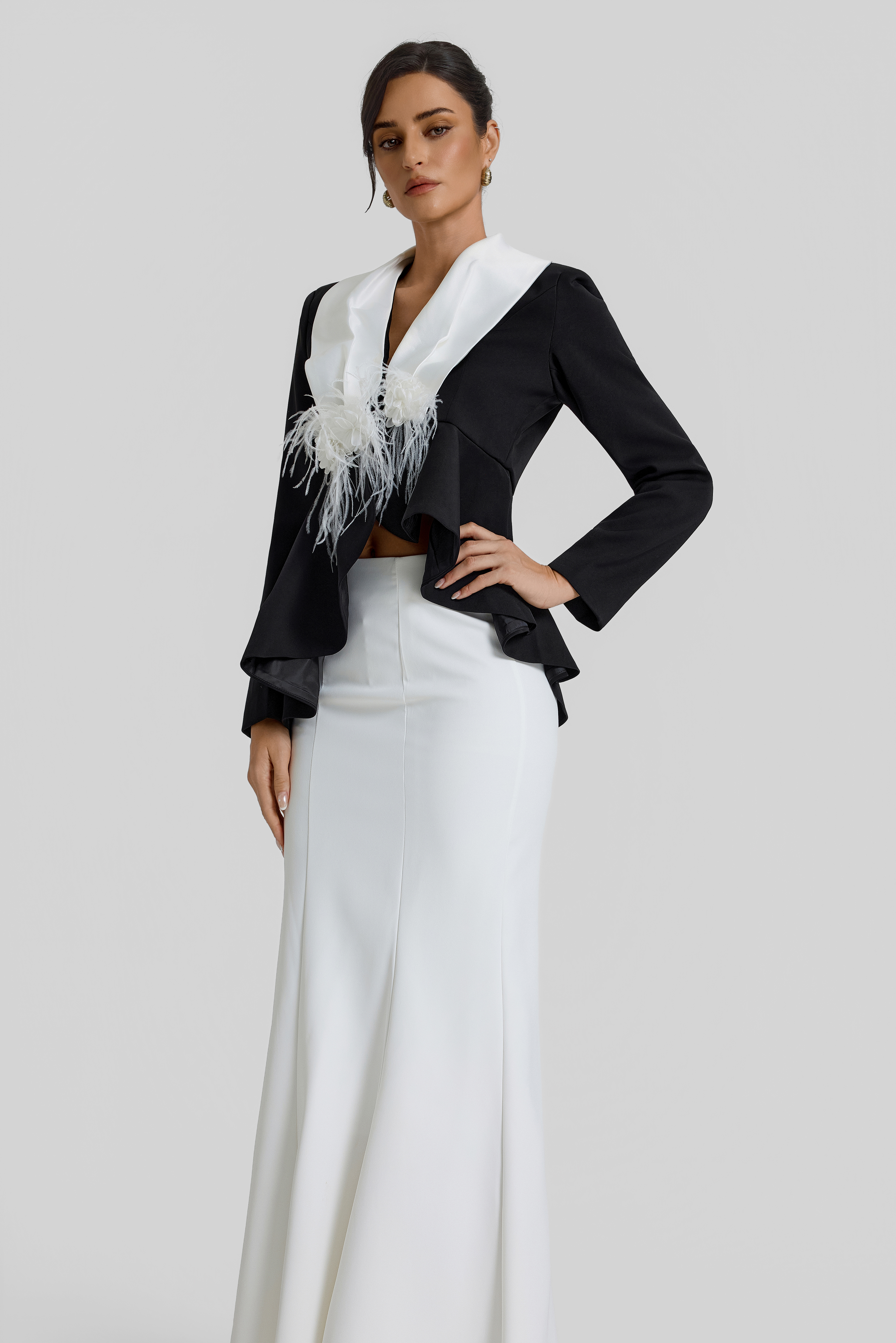 Contrast Color Feather Top & High Waist Midi Skirt Set