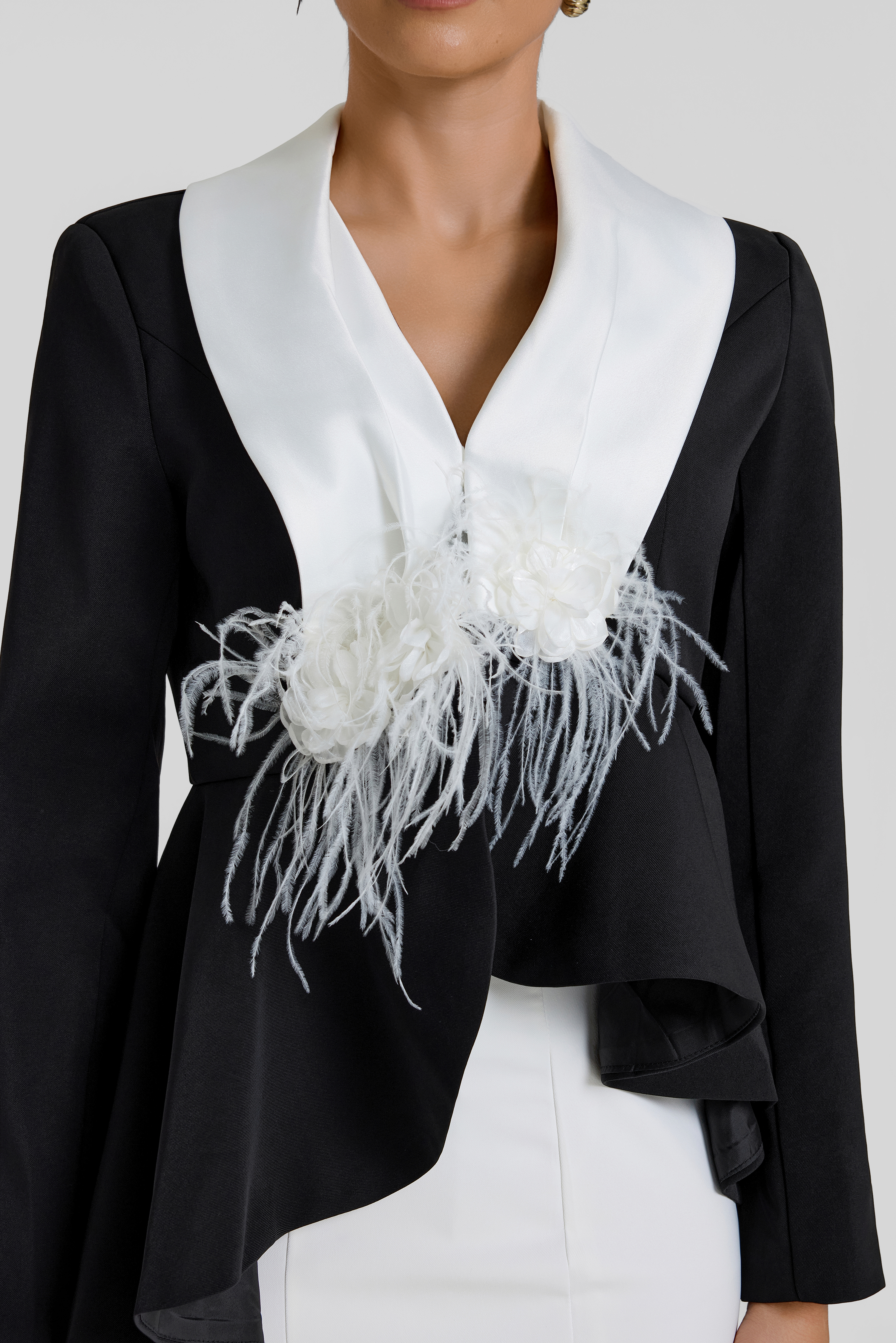 Contrast Color Feather Top & High Waist Midi Skirt Set